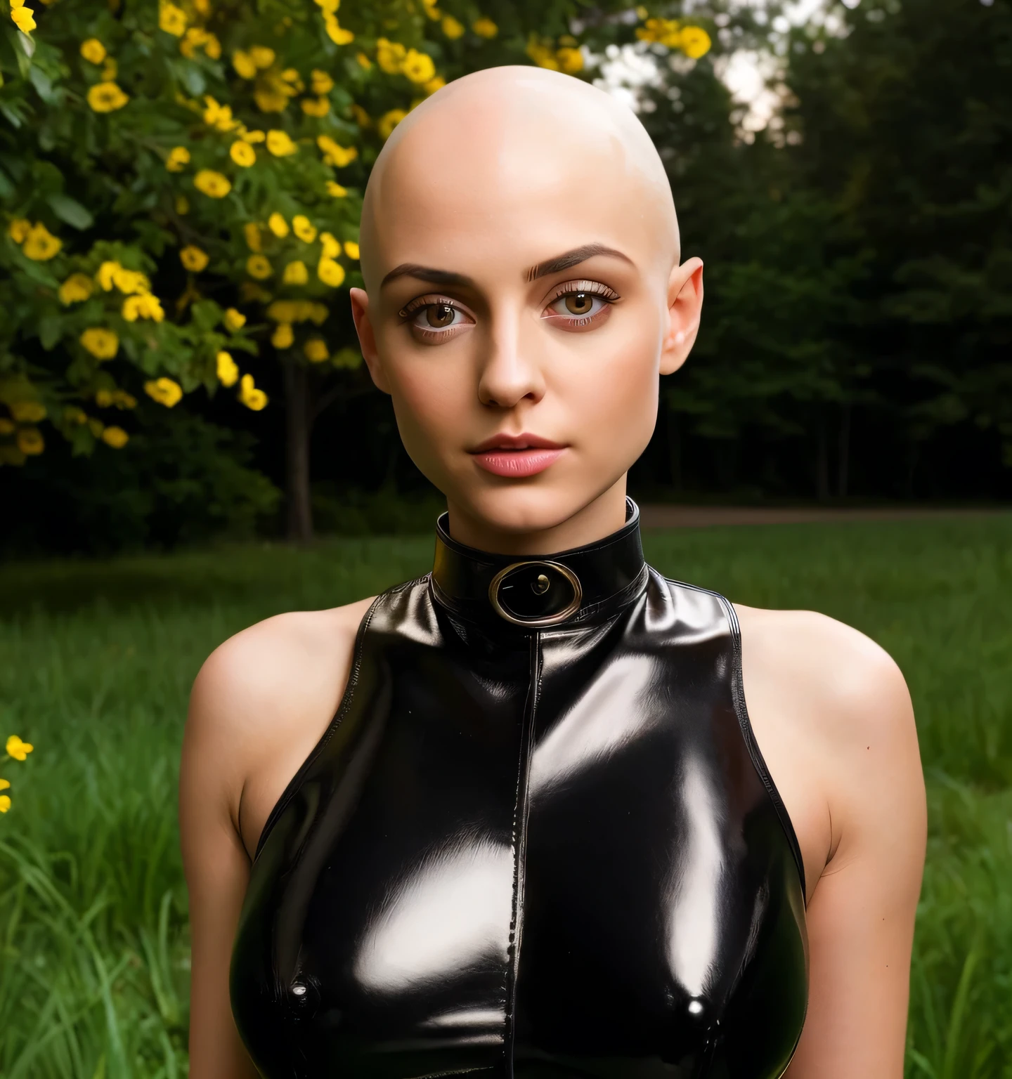 high quality, photo realistic image, cutest girl with shiny bald head, her head is shaved smooth, big eyes, she is outside at night in spring, in the country, she wears a large leather collar, she has average breasts exposed