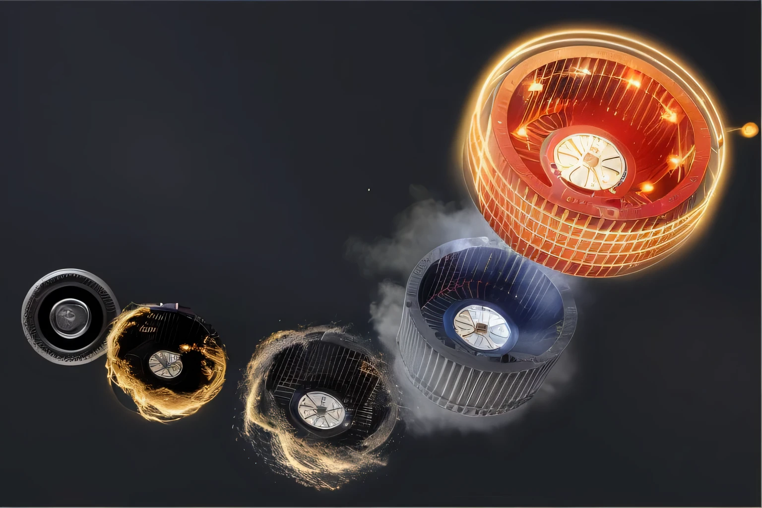 Three different types of airbrushes on black background, Dynamic volumetric lighting, Dramatic product lighting, vibrant atmosphere, Advanced technology, dust and particles, Product renderings, Dynamic beautiful lighting, stunning graphics, stunning volumetric lighting, Dramatic and dynamic lighting, 3 d Product renderings, air particulate matter, Floating dust particles, Cool dynamic lights, slick design, artistic