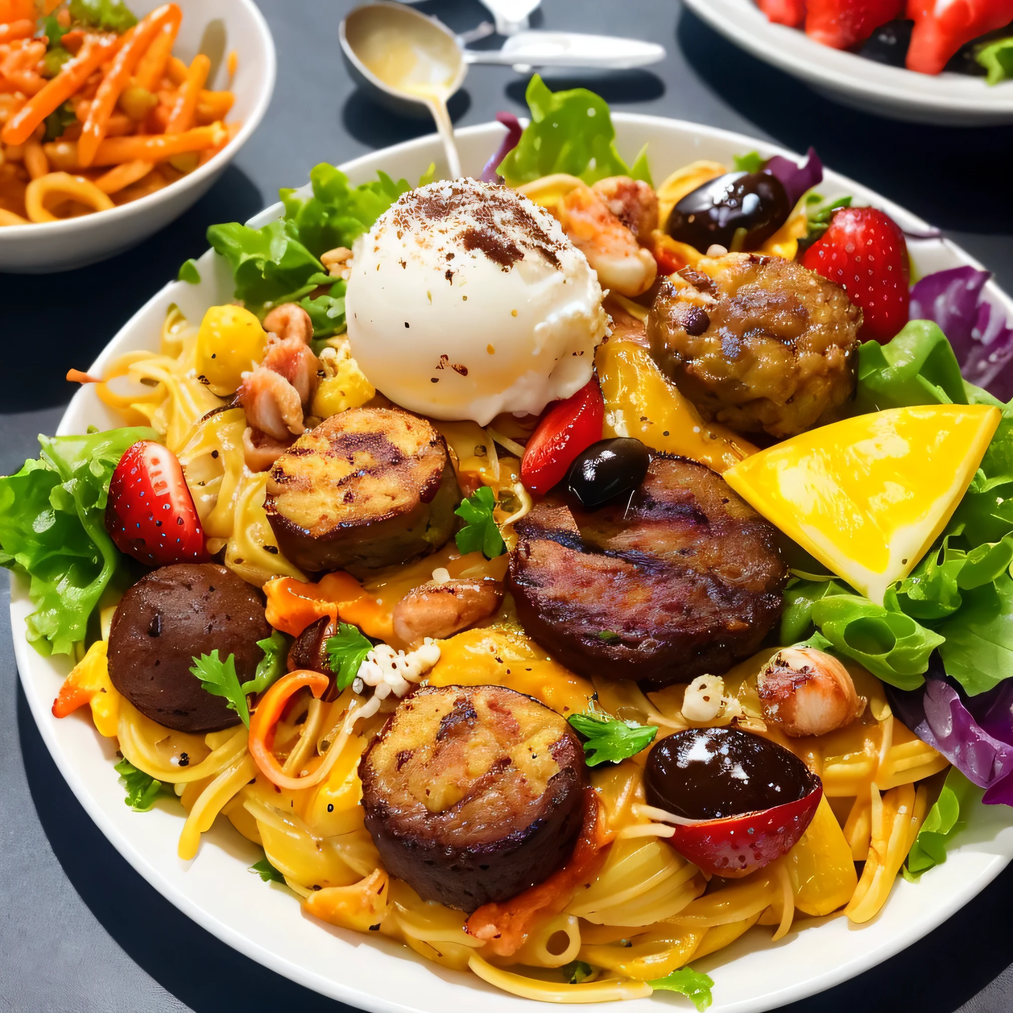 highest quality、High resolution、8K、detailed background、delicious juicy burger、A hamburger with a juicy grilled meat patty topped with cheese and vegetables., Creates an appetizing dish.。
colorful salad、fresh vegetables and fruits、ナッツがたくさん盛り付けられたcolorful saladは見た目にも健康的で美味しそうです。
seafood paella、Paella with plenty of seafood looks and smells luxurious、Bright colors whet your appetite.。
cream pasta、Pasta with rich sauce looks delicious and appetizing..。
Luxurious desserts:chocolate cake or ice cream、fruit tart etc..、A dessert that looks gorgeous and delicious、A popular way to end a special meal.。
Delicious looking food、Brightly colored ingredients and beautiful presentation、Material quality is important。
