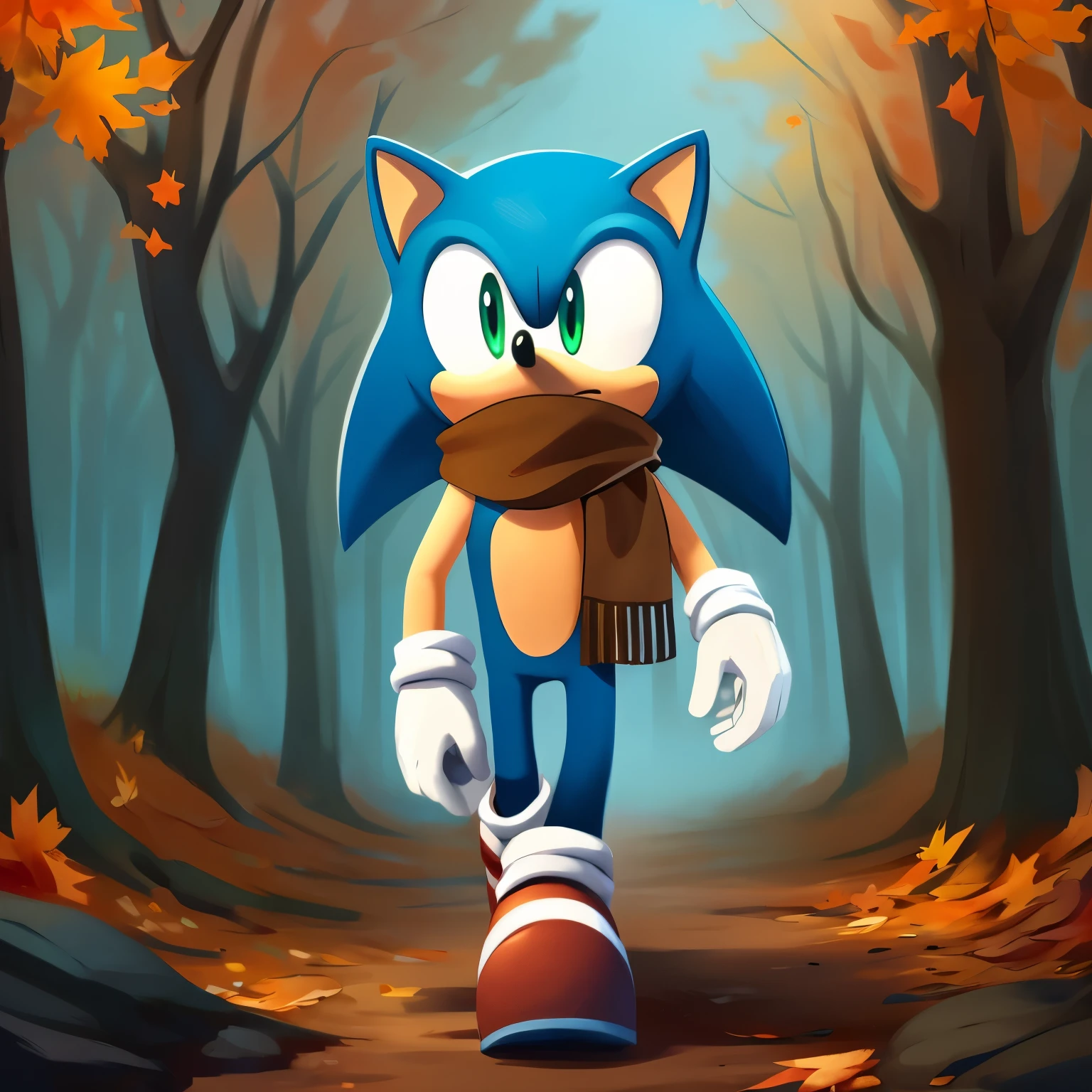 Sonic, Body color blue, He has a brown scarf, fall, I have a dead leaf, alone, large open space, Walking in the woods.