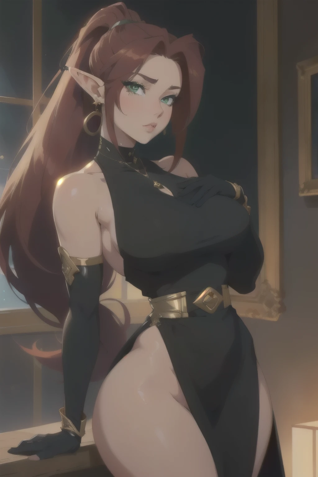 elf, long red ponytail hair, green eyes, long black gloves, tight black dress with gold details, sexy look, elegant jewelry, curvy body, portrait, anime, 4k, Ultra hd, HD, high definition, 8k, soft lighting, portrait from the waist up, no nude, masterpiece