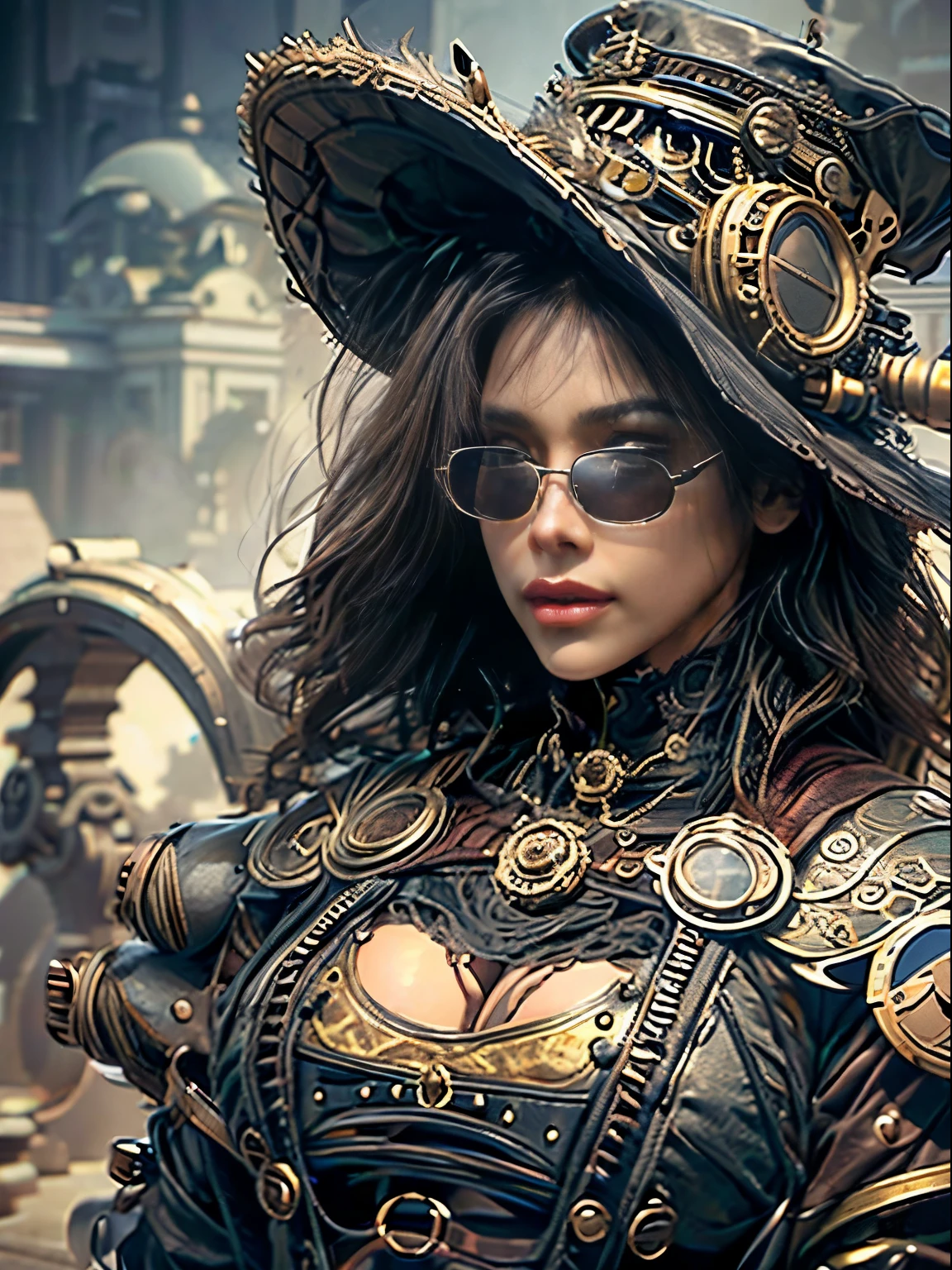 close up, beautiful woman in the hat and round steel gear, long black hair, round black sunglasses, steampunk clothing, victorian era, ((steampunk)), cinematography, crafted, elegant, meticulous, magnificent, maximum details, extremely hyper aesthetic, intricately detailed, cinematic lighting. 