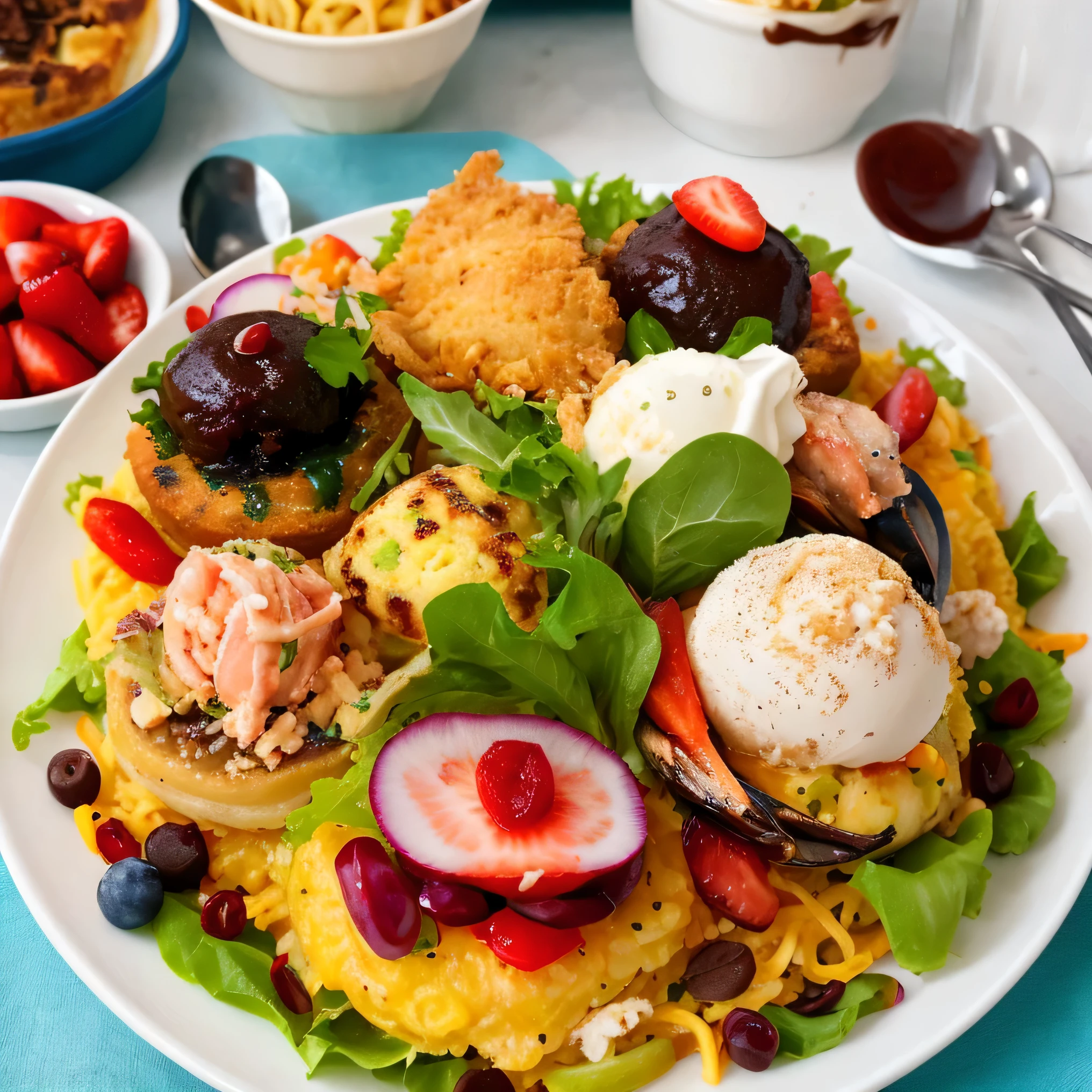 highest quality、High resolution、8K、detailed background、delicious juicy burger、A hamburger with a juicy grilled meat patty topped with cheese and vegetables., Creates an appetizing dish.。
colorful salad、fresh vegetables and fruits、ナッツがたくさん盛り付けられたcolorful saladは見た目にも健康的で美味しそうです。
seafood paella、Paella with plenty of seafood looks and smells luxurious、Bright colors whet your appetite.。
cream pasta、Pasta with rich sauce looks delicious and appetizing..。
Luxurious desserts:chocolate cake or ice cream、fruit tart etc..、A dessert that looks gorgeous and delicious、A popular way to end a special meal.。
Delicious looking food、Brightly colored ingredients and beautiful presentation、Material quality is important。