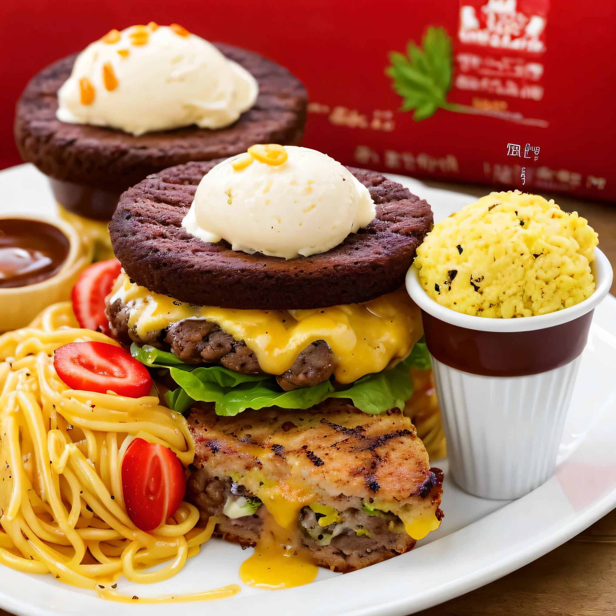 highest quality、High resolution、8K、detailed background、delicious juicy burger、A hamburger with a juicy grilled meat patty topped with cheese and vegetables., Creates an appetizing dish.。
colorful salad、fresh vegetables and fruits、ナッツがたくさん盛り付けられたcolorful saladは見た目にも健康的で美味しそうです。
seafood paella、Paella with plenty of seafood looks and smells luxurious、Bright colors whet your appetite.。
cream pasta、Pasta with rich sauce looks delicious and appetizing..。
Luxurious desserts:chocolate cake or ice cream、fruit tart etc..、A dessert that looks gorgeous and delicious、A popular way to end a special meal.。
Delicious looking food、Brightly colored ingredients and beautiful presentation、Material quality is important。