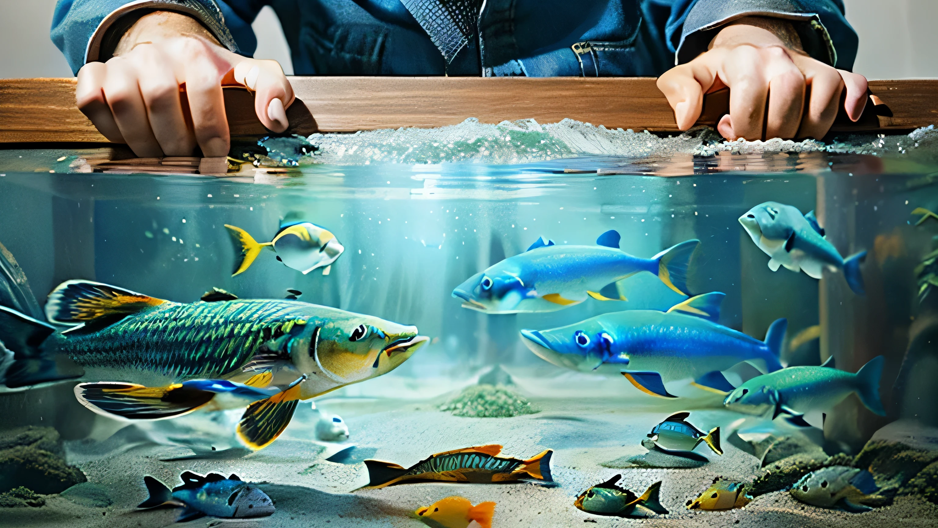 there is a person holding a wooden plank over an aquarium, ultrarealistic illustration, ultra realistic illustration, hyperrealistic illustration, ultra realistic 3d illustration, realistic illustration, Epic 3D illustrations, Direction: Alexander Kucharsky, egos trapped in physical reality, peixes flutuando no quarto, Jantar realista, surrealismo hiper-realista, Direction: Kurt Roesch, Arte digital surrealista