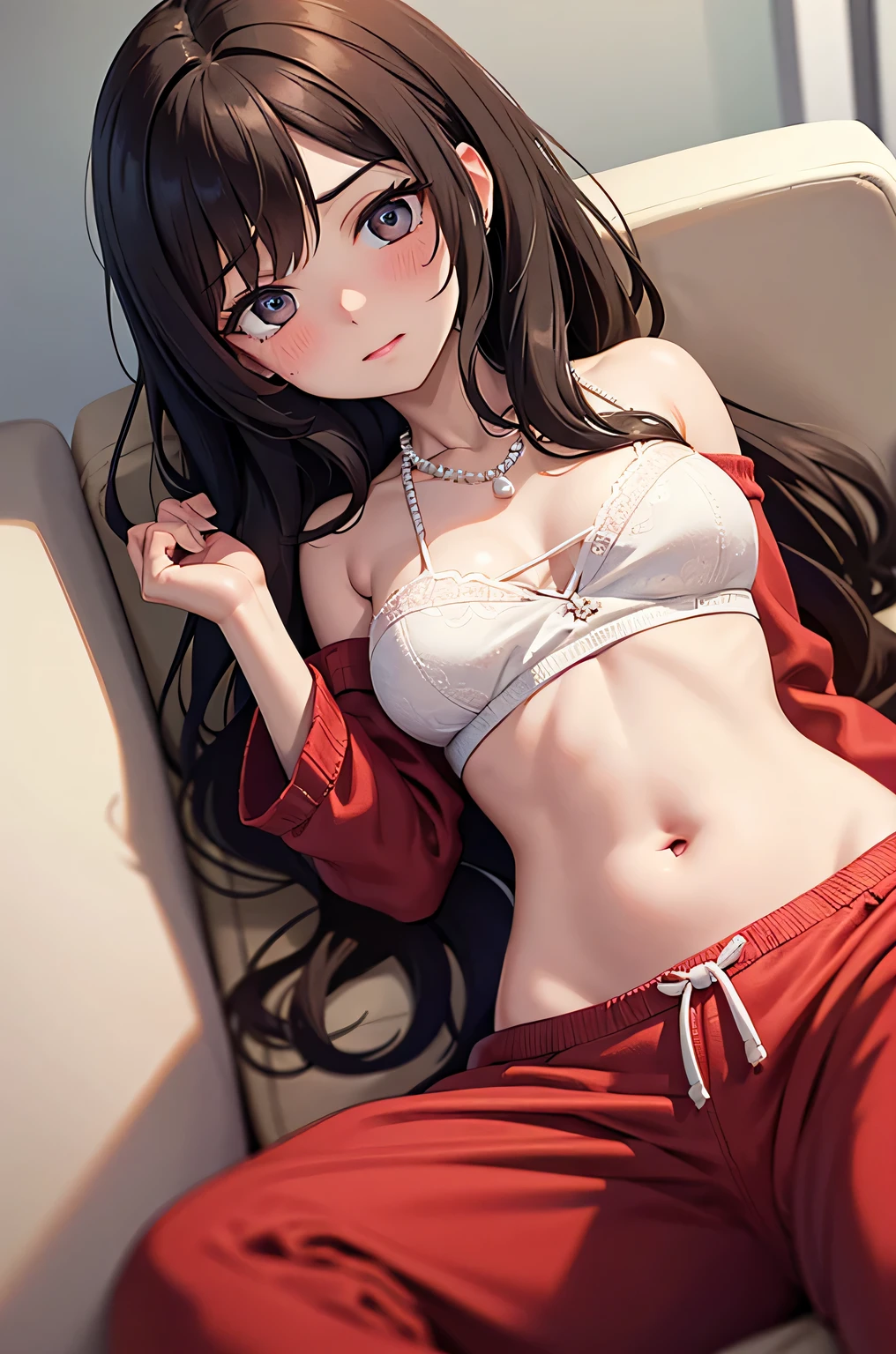 super fine illustration, vibrant colors, masterpiece, sharp focus, best quality, depth of field, cinematic lighting, ultra detailed, pajamas, long pants, MILF, 1 woman, solo, midriff, tummy, belly button, large navel, lying down, on couch, close up, looking down, medium breasts, curly hair, long hair, pearl necklace, makeup, dark brown hair, blushing, afraid, embarrassed, low angle, innie, aerial view
