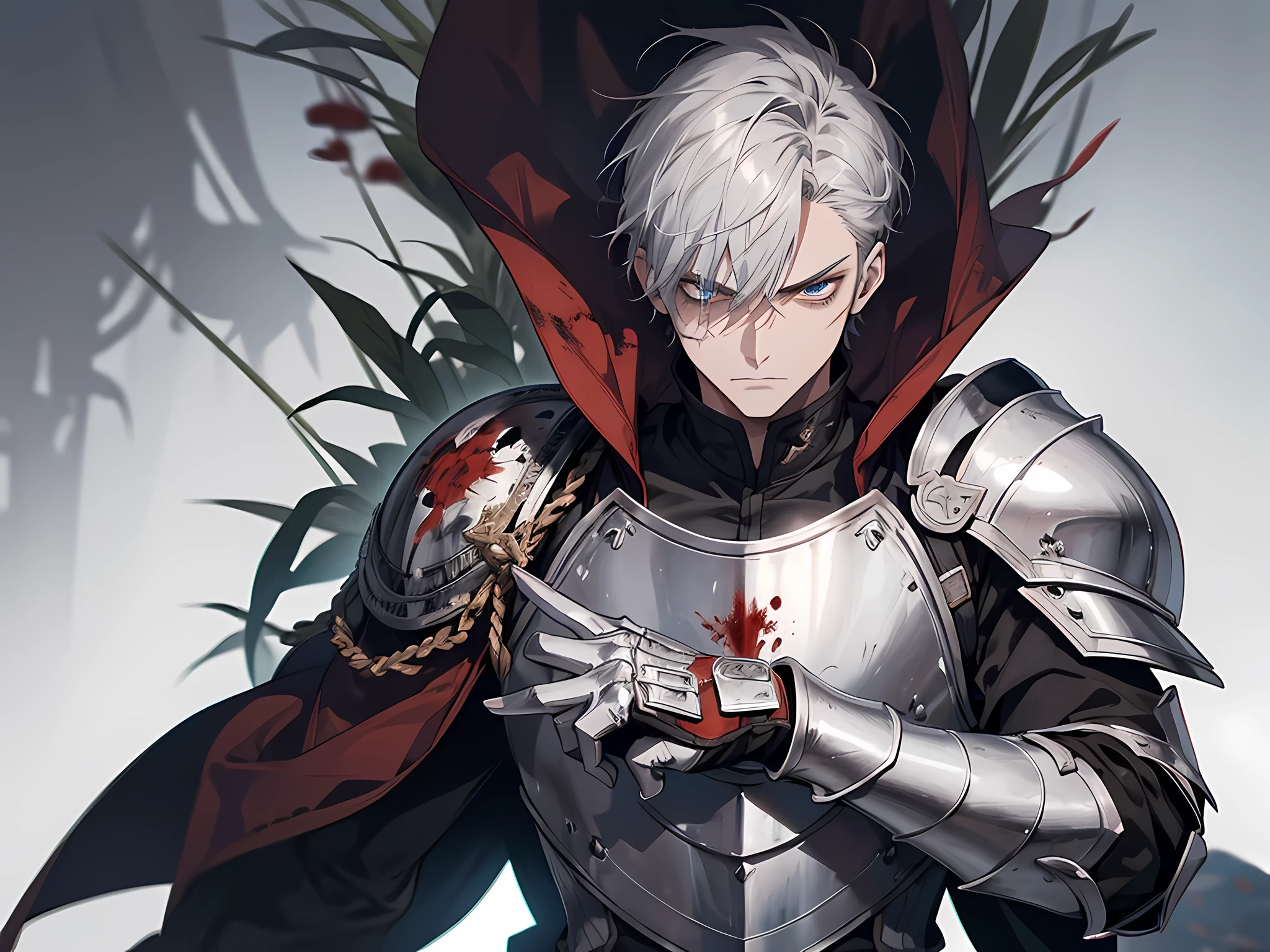 1 man, knight, wearing shiny armor, covered in blood, gray hair, short hair, angry facial expression, face to detail, detailed eyes, doing Sword Plant pose, half-body illustration
