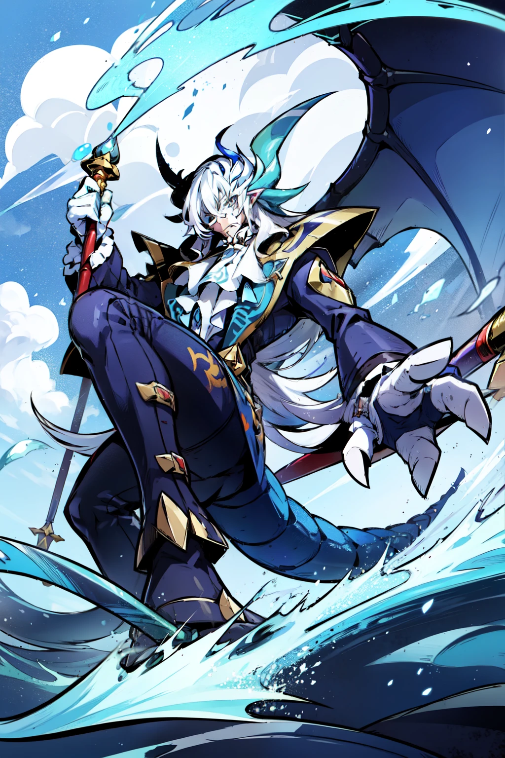 ((1 Boy ,Solo)), Neuvillette as a Digimon, Humaniod, Male  , Water, Dragon, Blue Dragon Sea slug , Digimon/(creature)/, Suit, Ascot , Long White hair ,Cane.