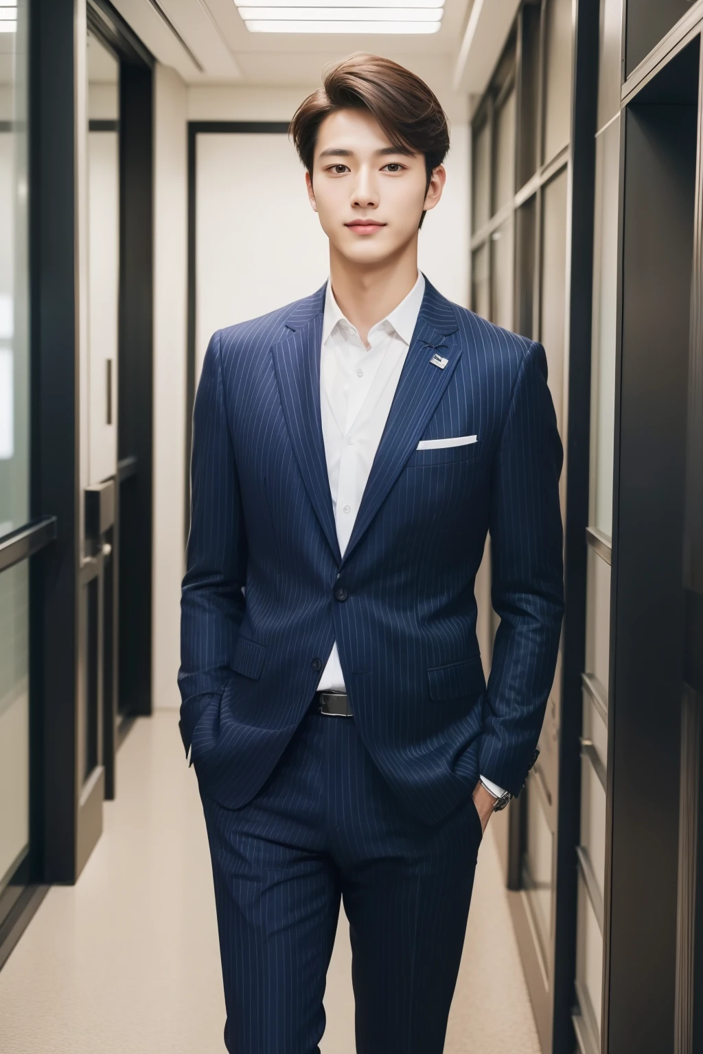 20-year-old refreshingly handsome new employee、 (Super cool S-class guy in a suit)、 Japan boys at 20 years old、 businessman、 Ultra-luxury suits、 Striped suit、 s Office、 Stand in a suitSYoung handsome man、 Full body photo、 (Highly detailed photos of CG Unity 8K)、 (A highly detailedSHandsome man in class)、 (Photo Real)、 ((top-quality))、 ultra-detailliert、 (masterpiece)、 An ultra-high picture quality、 tall、 viewer、 Gentle man、 Very beautiful hair、 Bright photo、 Handsome like a model、 Handsome like an idol、 Luxury Watches,