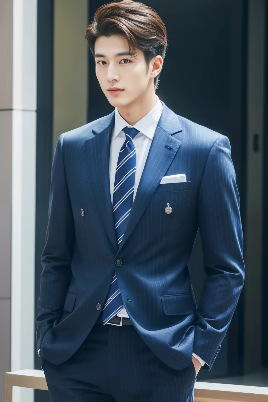 20-year-old refreshingly handsome new employee、 (Super cool S-class guy in a suit)、 Japan boys at 20 years old、 businessman、 Ultra-luxury suits、 Striped suit、 s Office、 Stand in a suitSYoung handsome man、 Full body photo、 (Highly detailed photos of CG Unity 8K)、 (A highly detailedSHandsome man in class)、 (Photo Real)、 ((top-quality))、 ultra-detailliert、 (masterpiece)、 An ultra-high picture quality、 tall、 viewer、 Gentle man、 Very beautiful hair、 Bright photo、 Handsome like a model、 Handsome like an idol、 Luxury Watches,