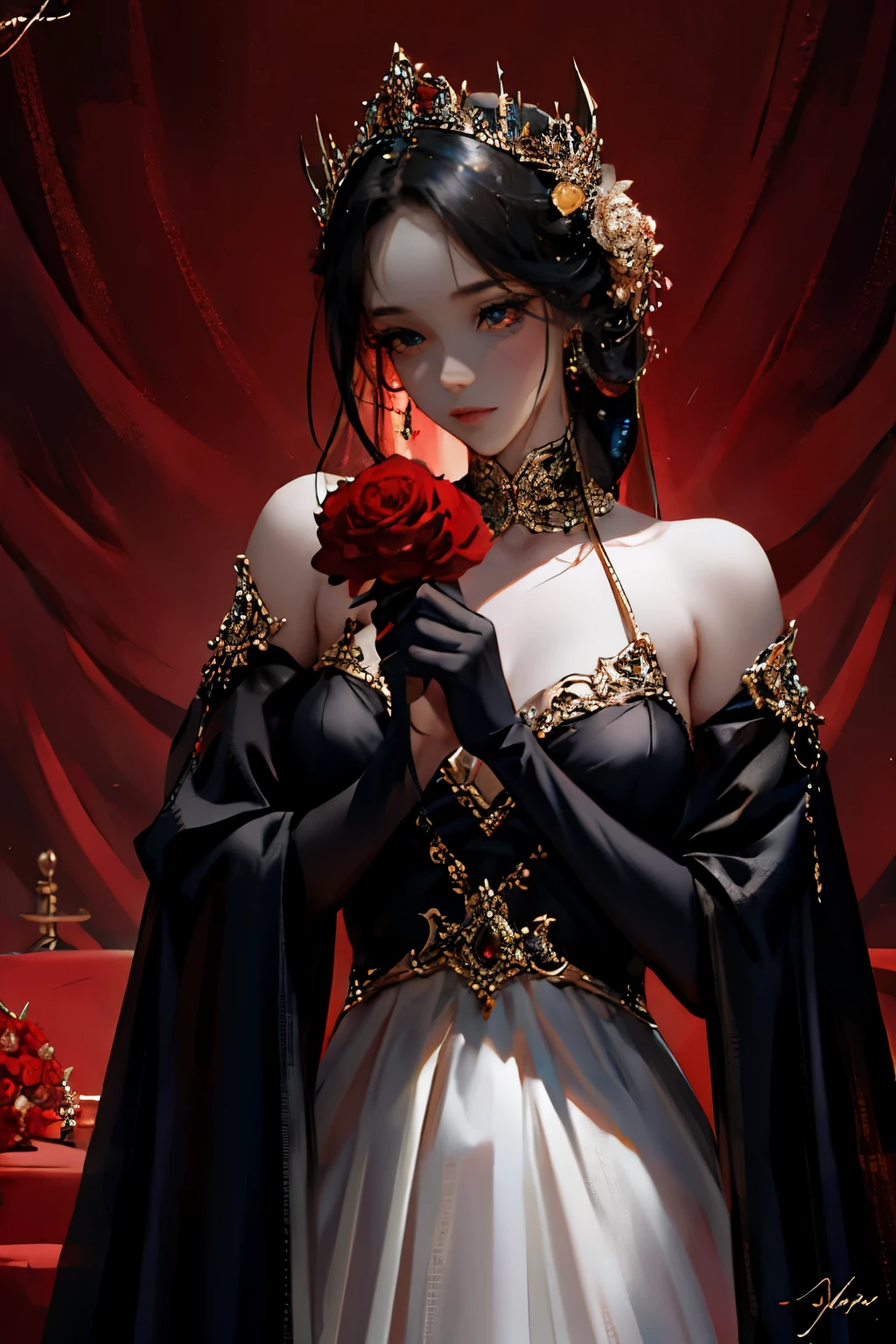 {masterpiece},{best quality},{1 girl}, noble, Carrying a red rose on the head，Astonishing, Beautiful and delicate eyes, black eyes, Coiled hair，Wear a dress，Holding a wine glass，Wearing black gloves，grace，At the banquet
