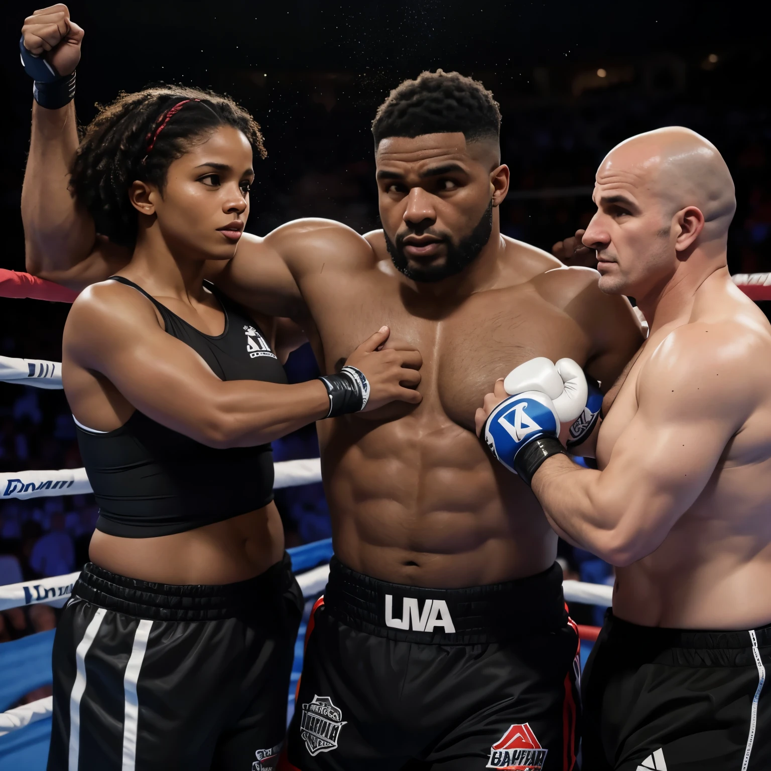 Foto de uma equipe de 5 pessoas de boxe, um homem treinador negro careca, um homem gordo pardo, um homem negro gordo, uma mulher parda cabelo liso e uma mulher morena cabelo cacheado