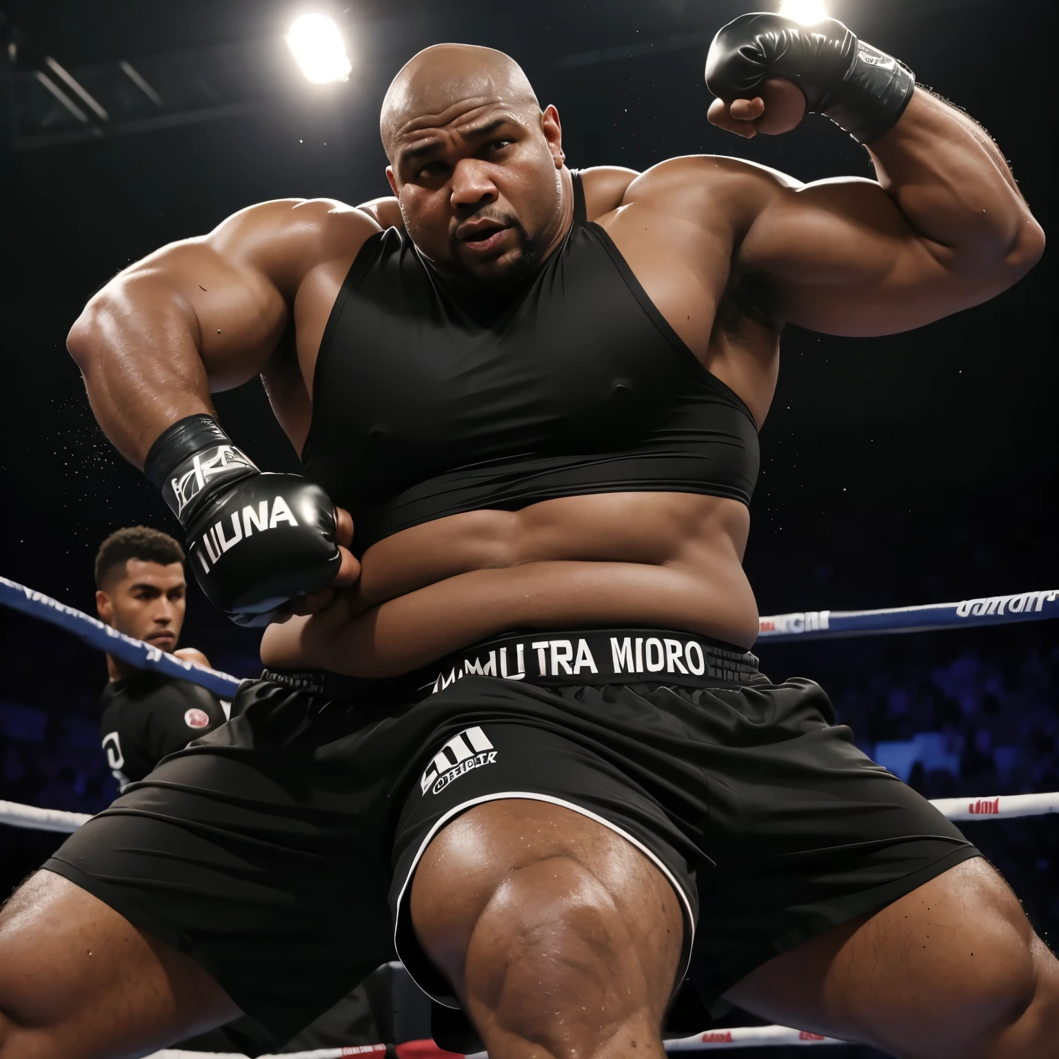 Foto de uma equipe de 5 pessoas de boxe, um homem treinador negro careca, um homem gordo pardo, um homem negro gordo, uma mulher parda cabelo liso e uma mulher morena cabelo cacheado