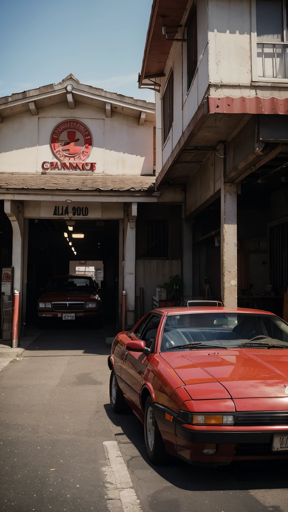 Photo of a red car (90s gangster car style) parked on the ground with a market entrance in the background, low angle, cinematic. 4k, photorealistic, high resolution, vivid colors, shadows realism, photography