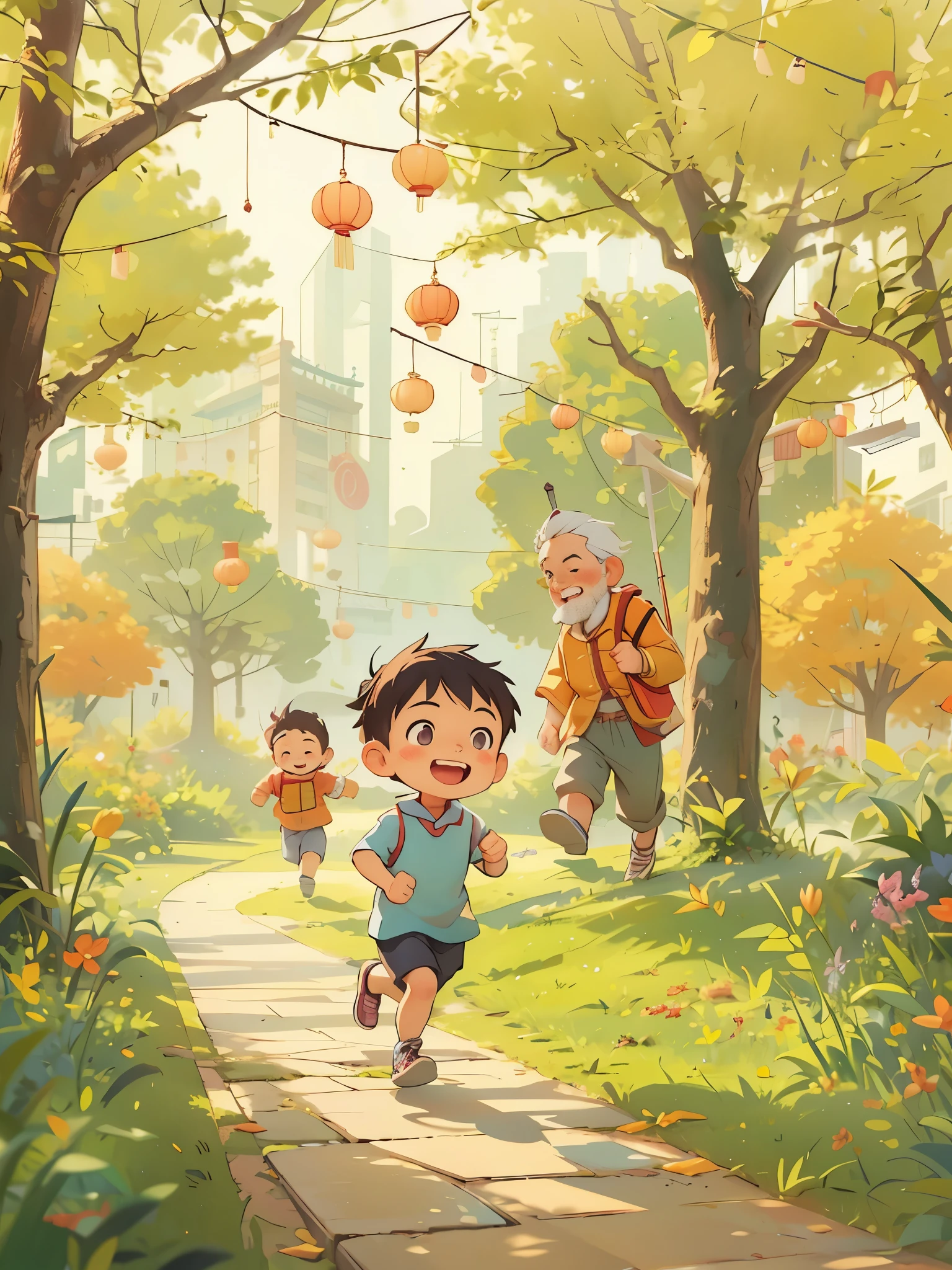 early morning,Little boy running in the park with grandpa,Happy, digital illustration, Illustration poster, Chinese style,
