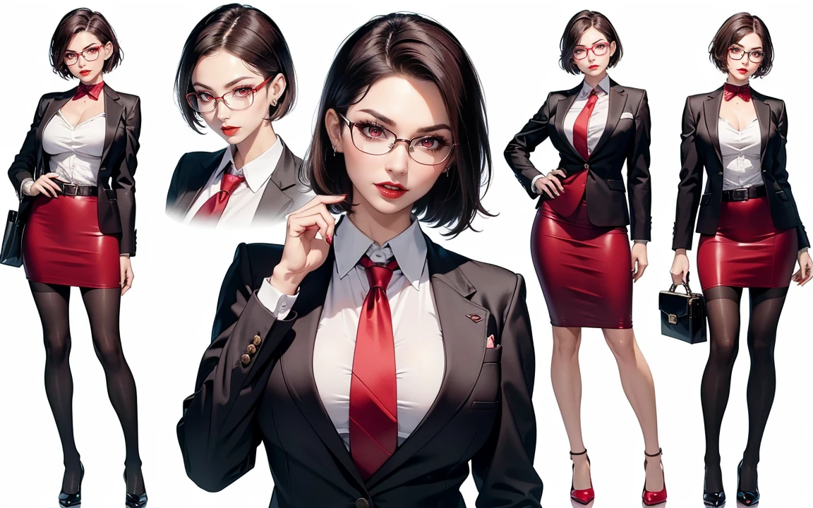 ((Masterpiece, Highest quality)), 8k, Detailed face, (character design sheet), full bodyesbian, Full of details, frontal body view, back body view, Highly detailed, Depth, Many parts, Multiple poses and expressions (mature woman) (short hair faded, undercut hairstyle) (red eyes), 35 years old, (name:Milana fox) ,dominant gorgeous girl, same character, muscle body, evil smile, angry expression red lips, (business suit), girl tall, chokers, (Sexy Office Lady ), tattoos, glasses, short pink skirt, white shirt, pantyhose, stocking