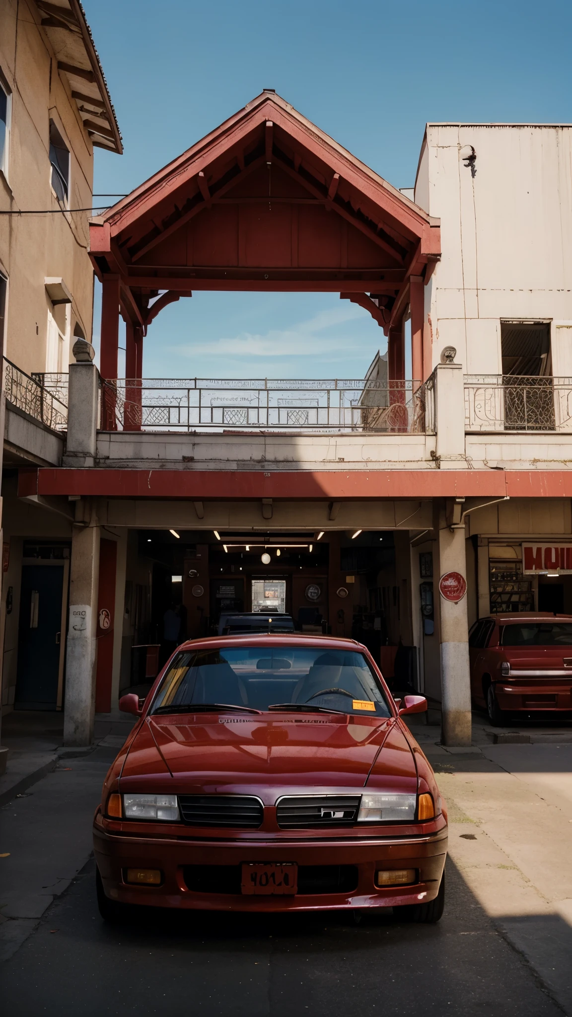 Photo of a red car (90s gangster car style) parked on the ground with a market entrance in the background, low angle, cinematic. 4k, photorealistic, high resolution, vivid colors, shadows realism, photography