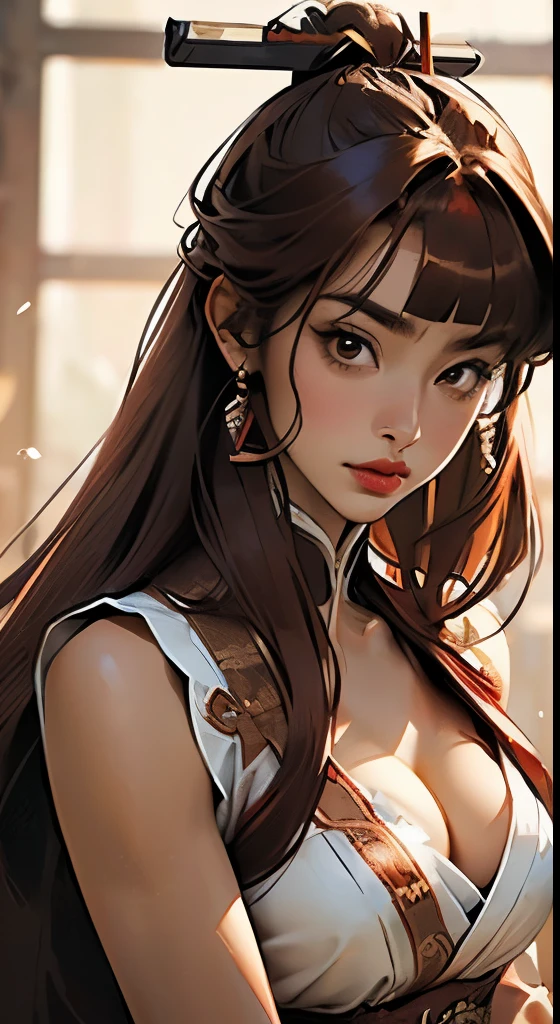 Twelve Kingdoms, Yoko Nakajima, Keioh, Masterpiece, Beautiful Girl, Beauty, Ultra Precise, Elaborate, Photorealistic, Realistic, (((Crimson Hair)), Long Hair, (((((Brown Skin)))), Dignified Face, Perfect Eyes, Perfect Lips, Ancient Chinese Dynasty Dress, sleeveless, cleavage, (((Bangs)), holding a sword,