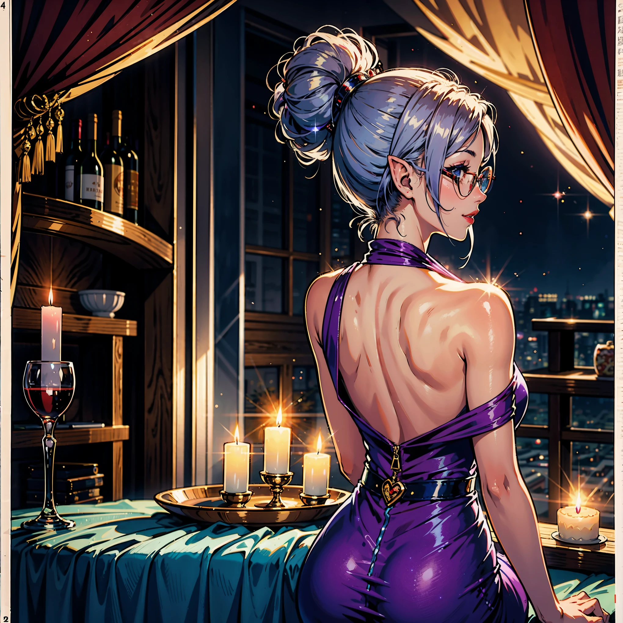 (perfect anatomy), (ultra-detailed comic book style), asian, japanese, (elf woman prominent asian features very short purple hair tied back as ponytail),(detailed skin, Ultra-detailed), cute smile, features, wearing round glasses, blue eyes, ((sparkly silver shawl and wine red evening gown)), off shoulder, red lipstick, sitting, diamond hairclip, fancy bed, romantic lighting, dark room, candle lit, back facing viewer.