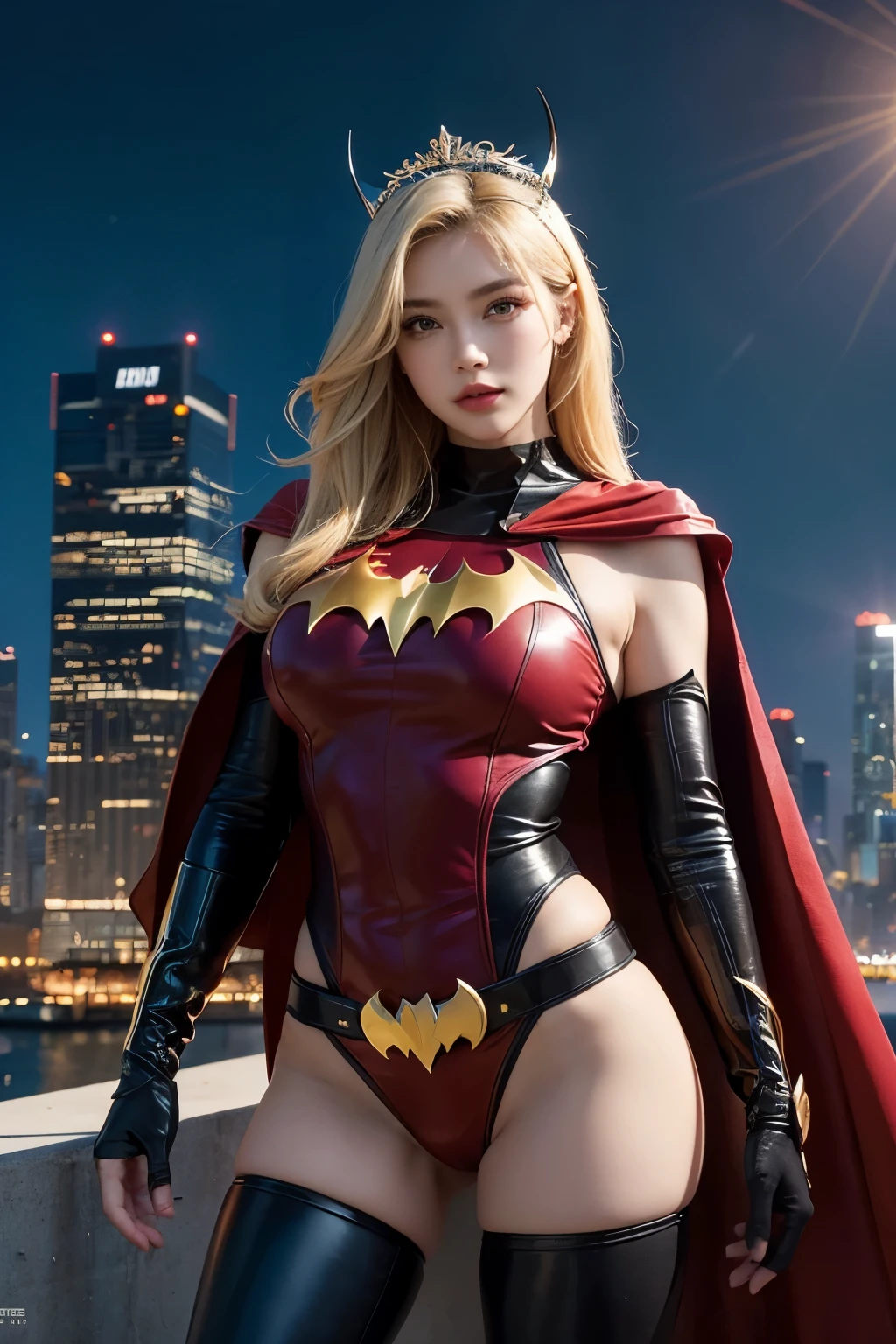 (Altas:1.2),mulher sexy, seios grandes, corpo atletico,Fantasia de Supermulher, capa vermelha, 1women, charming Russian model Nata Lee, light blonde hair, tiara dourada, confident expression, olhos azuis brilhantes, postura poderosa, paisagem urbana iluminada pelo sol, Bright skyscrapers, Bustling metropolis, Batgirl Costume Dress with a cape, Flying towards the sun, city under your protection, vivid colors, realistic lighting, sombras fortes, estilo fotorrealista nsfw.