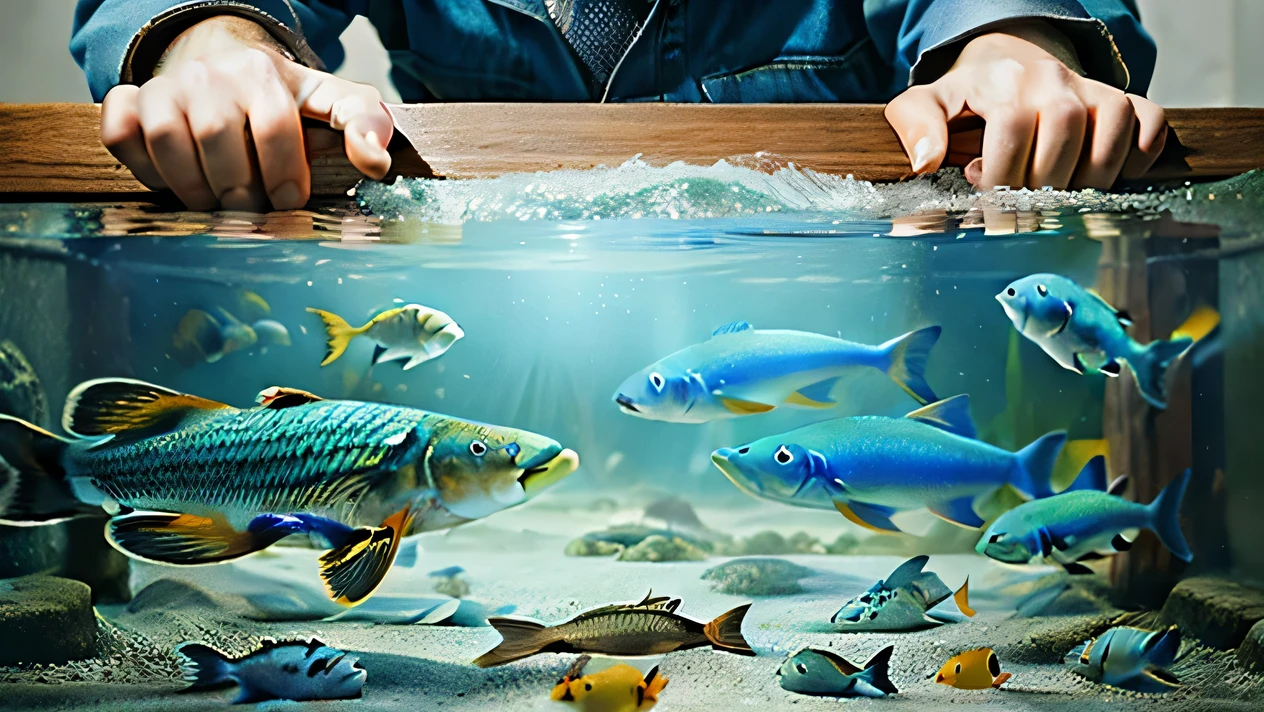there is a person holding a wooden plank over an aquarium, ultrarealistic illustration, ultra realistic illustration, hyperrealistic illustration, ultra realistic 3d illustration, realistic illustration, Epic 3D illustrations, Direction: Alexander Kucharsky, egos trapped in physical reality, peixes flutuando no quarto, Jantar realista, surrealismo hiper-realista, Direction: Kurt Roesch, Arte digital surrealista