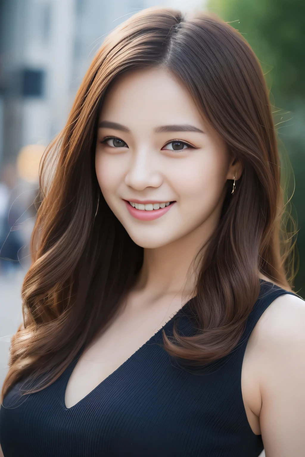 ((highest quality, 8K, masterpiece :1.3)), 1 girl, smile, whole body, slim face, Beautiful woman, (dark brown hair), full length dress :1.1, super detailed face, fine eyes, double eyelid, blur background, slim face, city, outside, street,