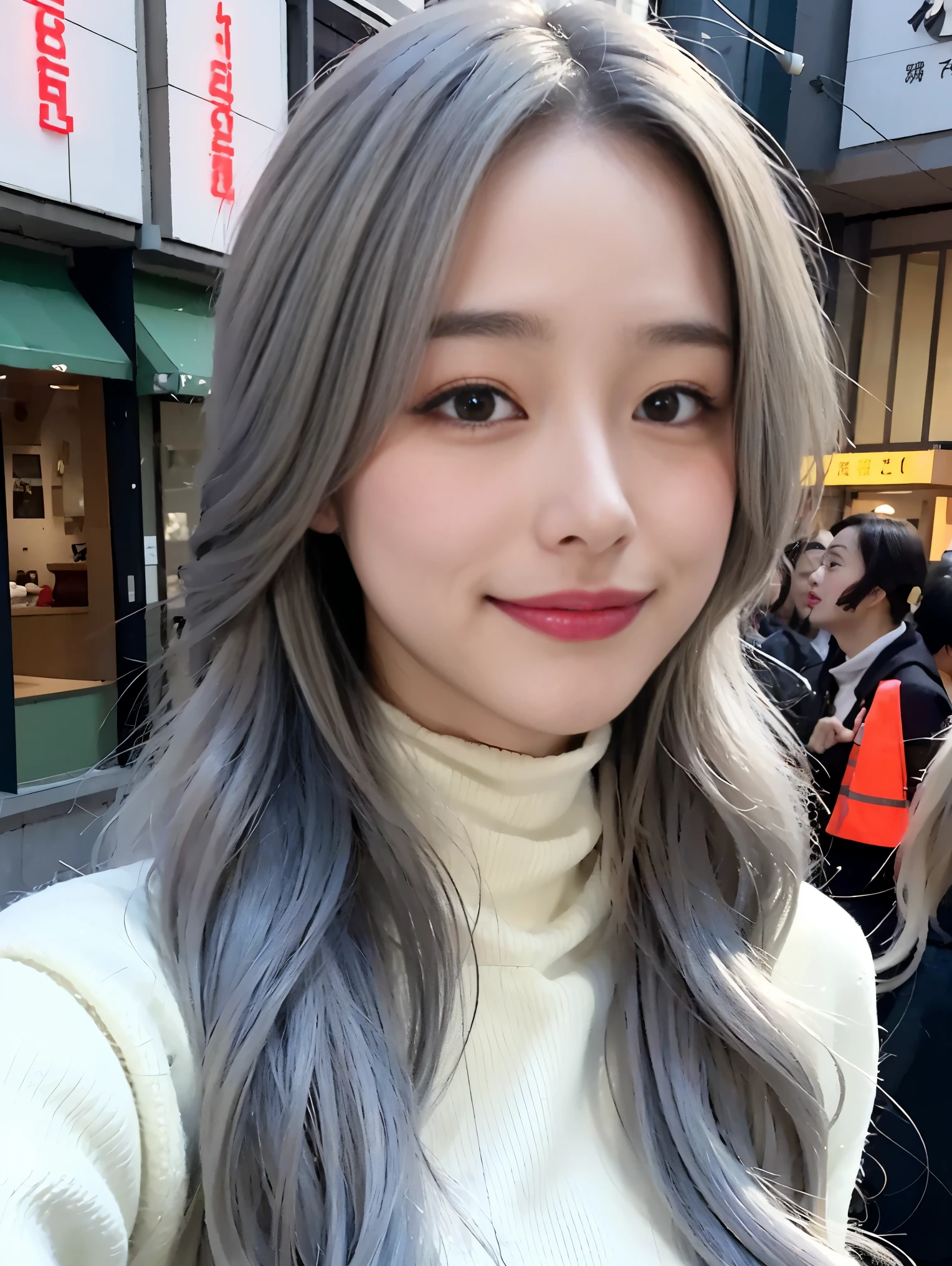 realistic, High resolution, 1 female, glowing skin, alone, wide lips,long hair,wavy hair,saggy breasts,small face,Gray color hair,Color Contacts,White down jacket,Takeshita Street streetscape,smile,Turtleneck sweater