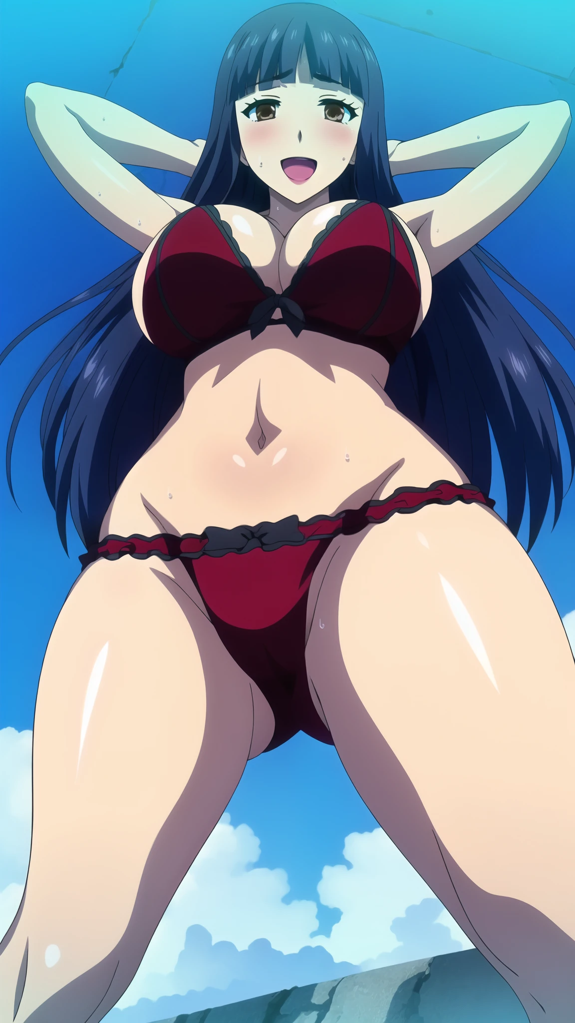 master piece, 1girl, THICK BODY, solo, long hair, blush, open mouth, :d, large breasts, cleavage, brown eyes, underwear, black hair, swimsuit, bikini, sweat