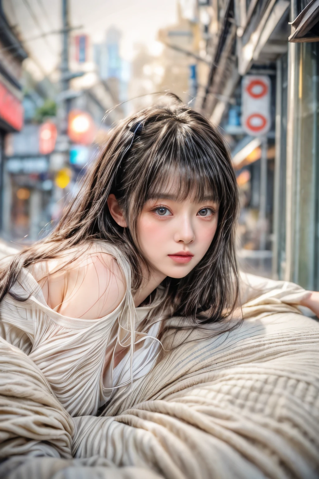 masterpiece、highest quality、cinema、(Detailed both eyes)、(cute japanese woman、bangs:1.3)、23 years old、1 girl、elegant、black hair、cyber punk、Van Gogh style、(auraroid photo:1.4)、