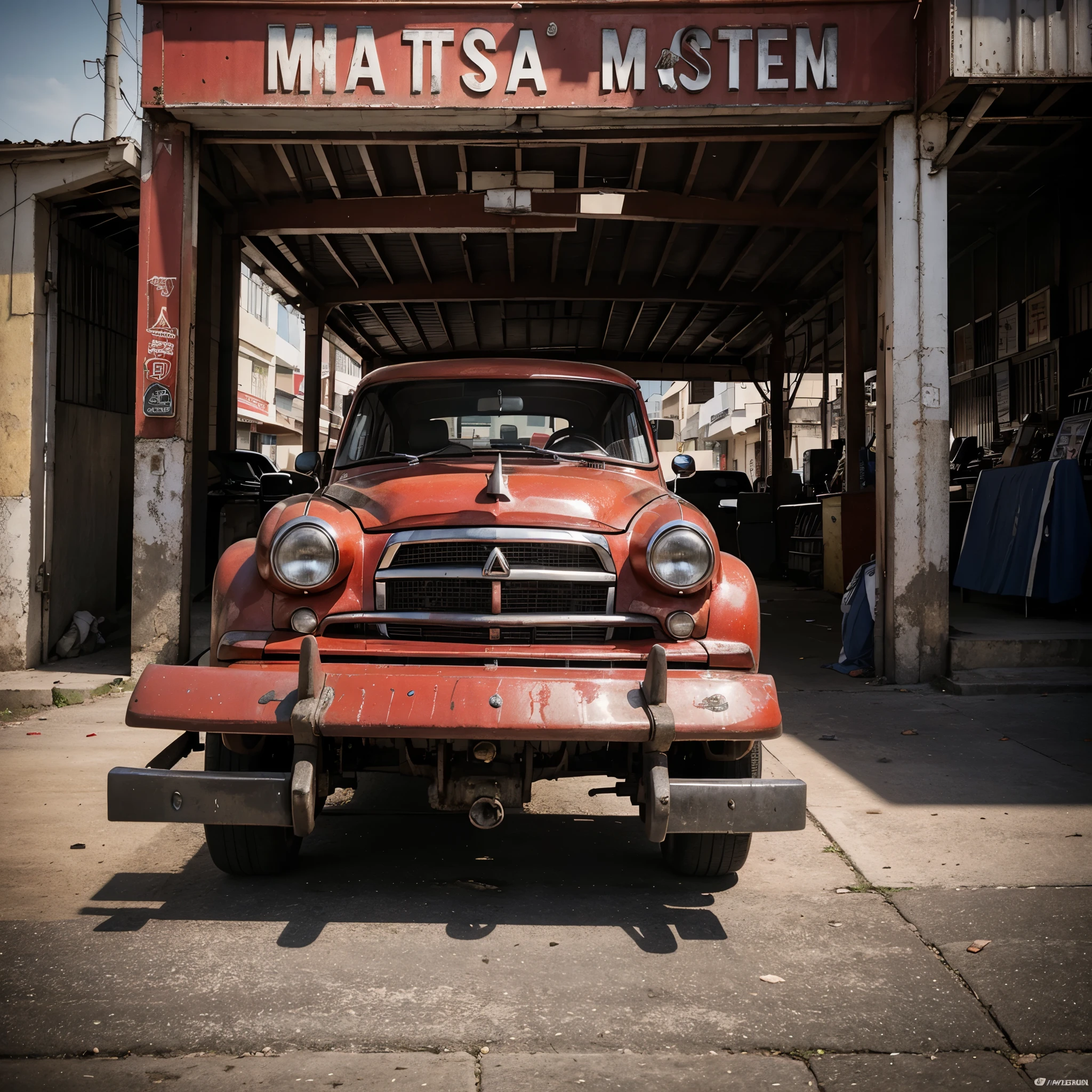 Foto de um carro vermelho (Estilo de carro gangster dos anos 90) parked on the ground with a market entrance in the background, low angle, cinematographic. 4k, fotorrealista, high resolution, cores vivas, realismo das sombras, fotografia