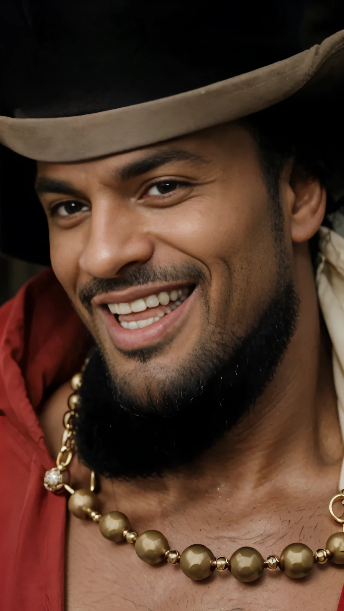 (masterpiece), (realistic), (ultra detailed), ( high reest quality), (photorealistic), (perfect face), (perfect anatomy), ((man))), (((male))), (((fat))), solo, (((negro))), (((45 years old))), Marshall D. Teach from one piece, Marshall D. Teach, one piece, long curly hair, wearing a black robe, black beard, wearing a necklace accessory, (((His mouth was wide open in an evil laugh)))