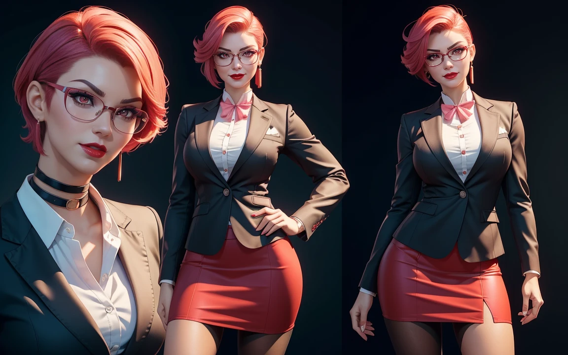 ((Masterpiece, Highest quality)), 8k, Detailed face, (character design sheet), full bodyesbian, Full of details, frontal body view, back body view, Highly detailed, Depth, Many parts, Multiple poses and expressions (mature woman) (short hair faded, undercut hairstyle) (red eyes), 35 years old, (name:Milana fox) ,dominant gorgeous girl, same character, muscle body, evil smile, angry expression red lips, (business suit), girl tall, chokers, (Sexy Office Lady ), tattoos, glasses, short pink skirt, white shirt, pantyhose, stocking