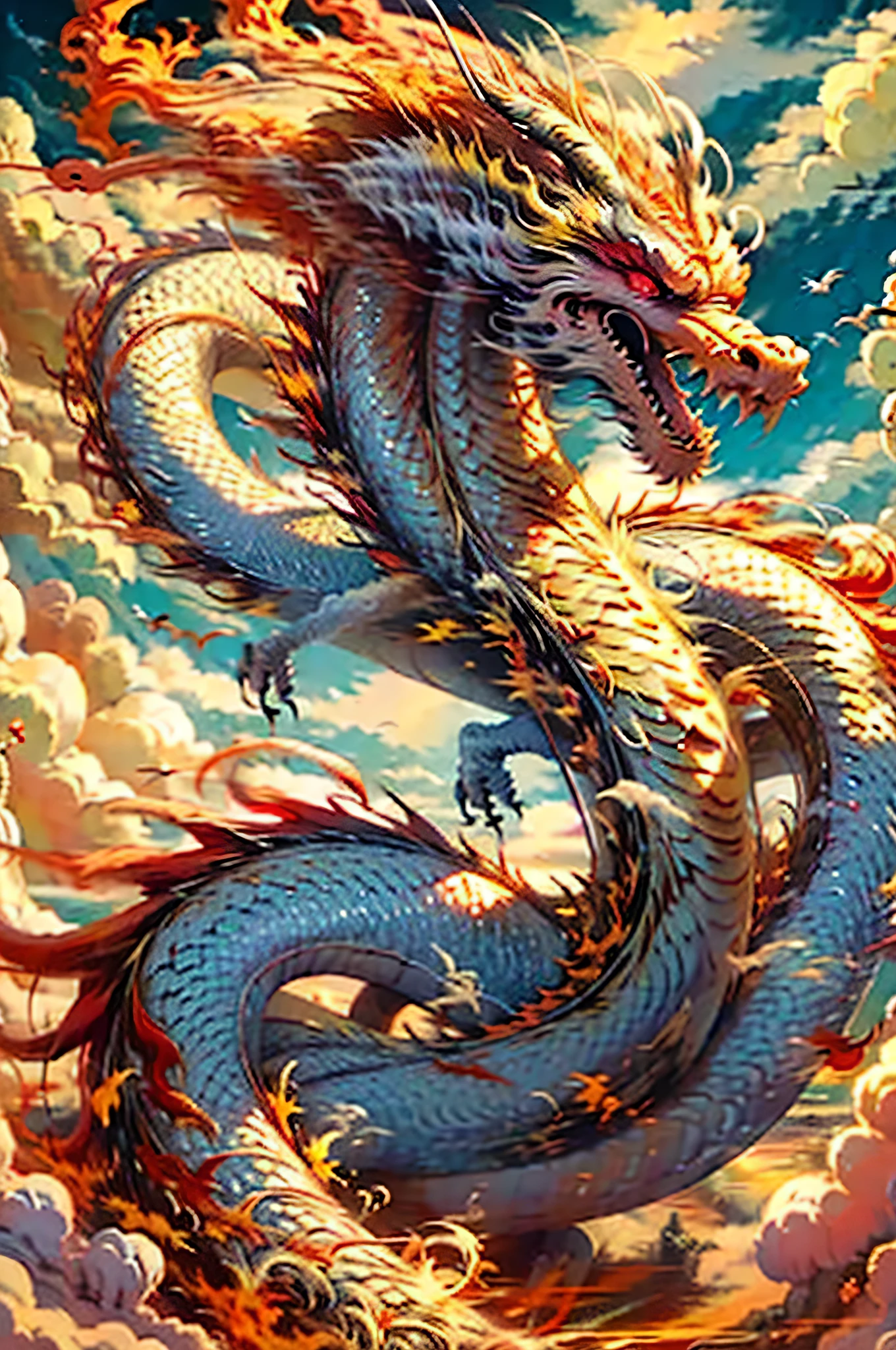 best quality,masterpiece,ultra high resolution,nu no humans, (long:1.2),no humans, cloud,  East Asian red eyes, open mouth, Sky, fangs, Oriental Dragon, cloudy Sky, teeth, flight, fire, bird, wing