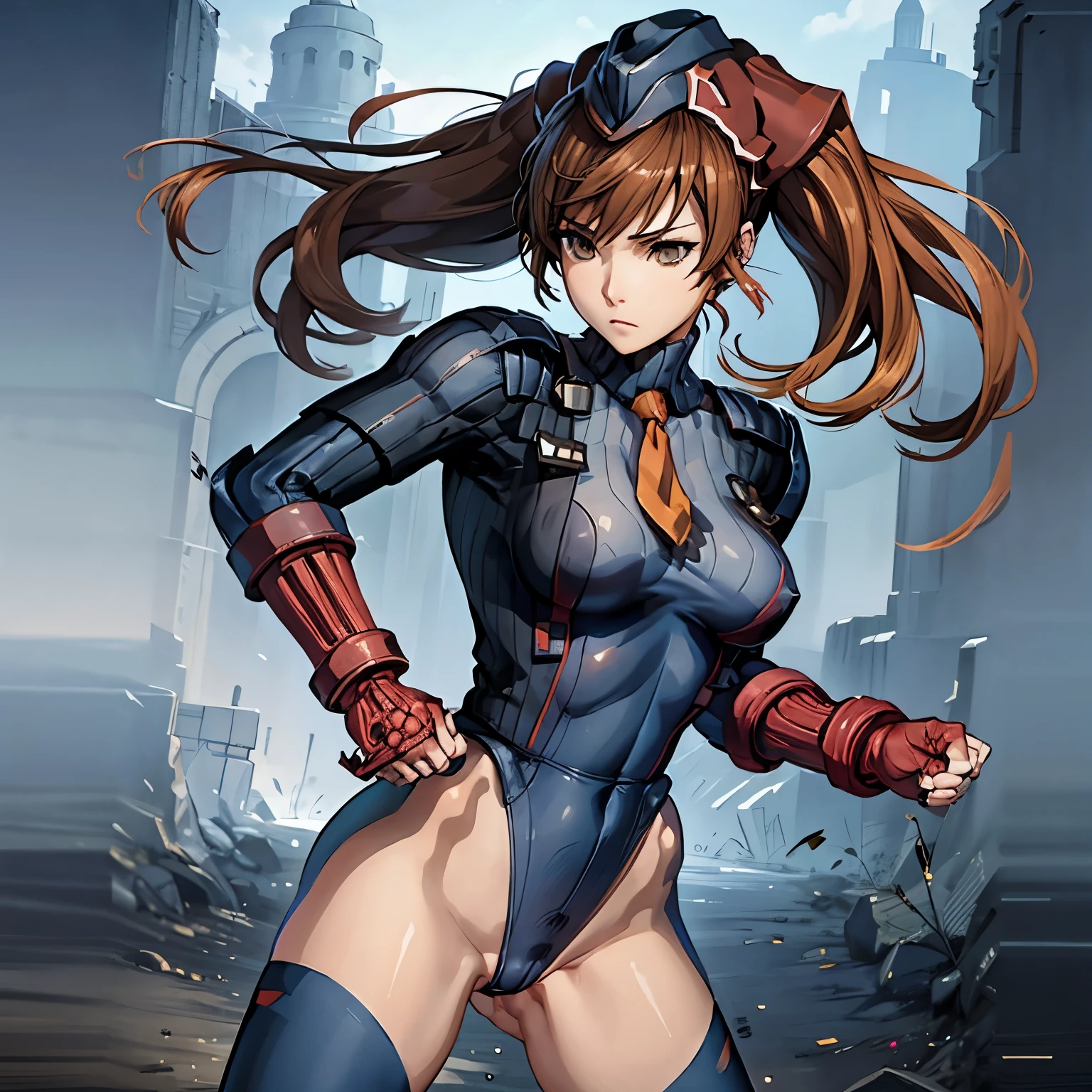 ultra-detailed, Explicit, Beautiful body, Beautiful Nose, Beautiful character design, perfect eyes, perfect face, ultra highres, 4K, beautiful legs, perfect legs, Nice hands, Perfect hand, Masterpiece, Best Quality, Highly detailed, illustration, absurdres, perfect anatomy, street fighter, doll suit, shadaloo doll, dollsuit, expressionless, blank eyes, looking at viewer, red gloves, emotionless, black latex, corrution, mind control, female combatant, full body, hypnotized, unhappy trance, full body suit, ribbed bodysuit, both arms at side, obey, perfect female body, extremely glossy latex, hypnosis, hypnoLora, empty eyes, Mind control device, poses, submissive_pose, Slave, stand up straight, standing, standing at attention, hat, necktie, belt, latex, ribbed bodysuit, thighhighs, garter belt, Fighting Stance, extending the right arm from the shoulder into the air with a straightened hand, military, thigh boots, 1girl, hair ornaments, brown hair, long hair, amber eyes, Alicia Melchiott, valkyria Chronicles, twin tails