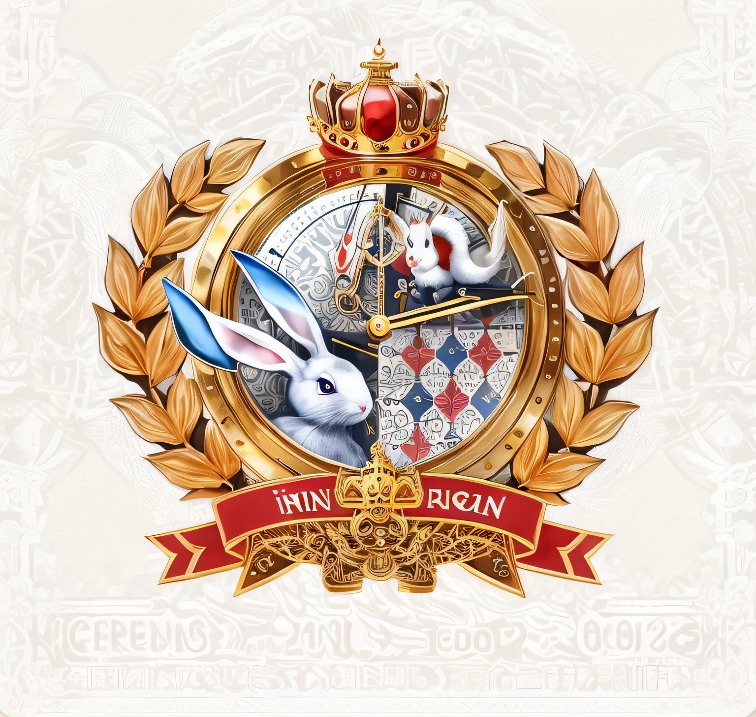 Close up of clock with crown and dragon, badge of wisdom, official artwork, high detailed official artwork, official art, badge章, Armory, 背景中的皇家badge章, the White rabbit, imprint, badge, official concept art, High from now on, 家badge, White rabbit, Official fan art, Alice in Wonderland theme, Official illustration