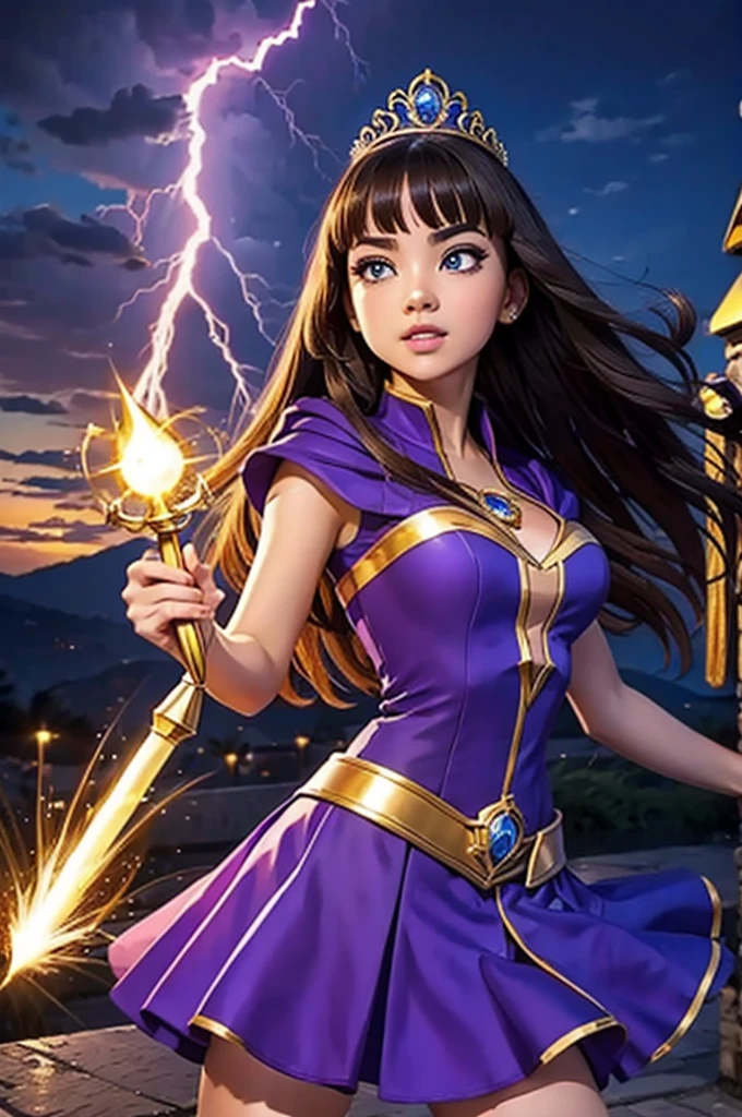 A cute teenage girl is in a strange jewel inlaid outfit, she has a tiara with a magic symbol, her eyes are violet, she is in an action pose wielding a wand that has a heart motif, electricity dances around her and she hurls a lightning bolt from her wand