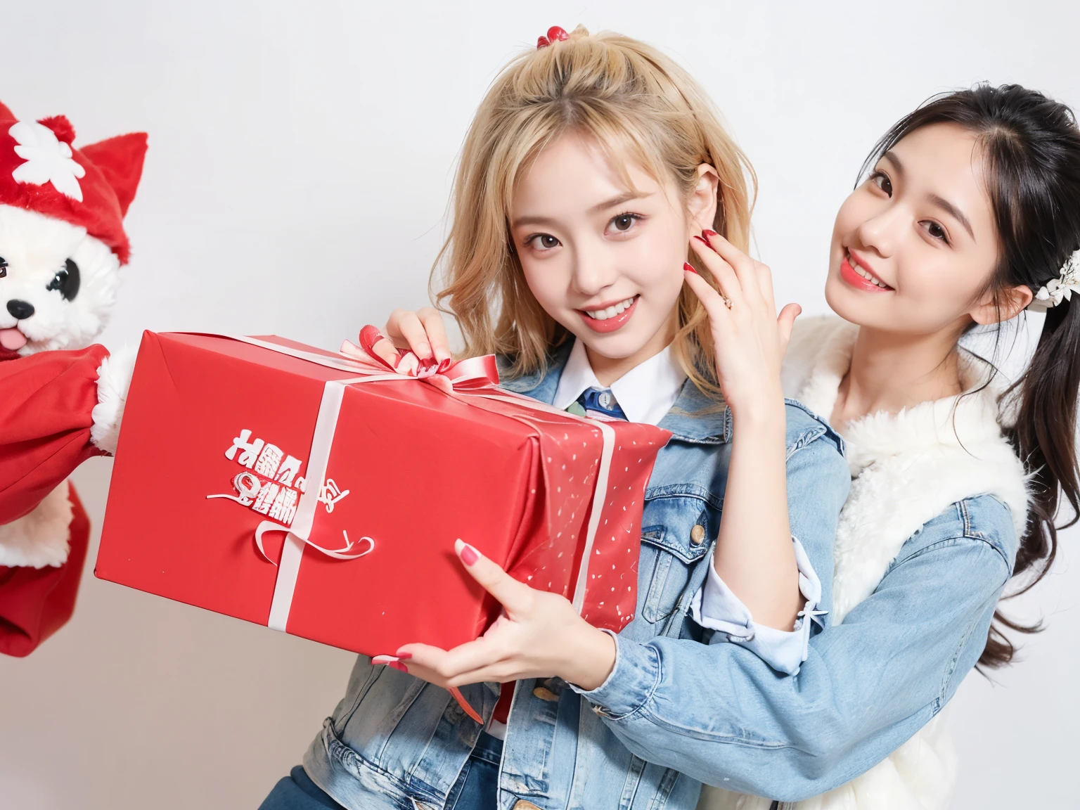 金发Europe and America模特,surprise,laugh,happy,Europe and America,拿着Gift、denim jacket女人,denim jacket, Happy birthday, Gift, Coupons ,Coupons ,Partially looking to the left, Sharing photo, celebrate birthday, celebration, Zahari Zograf, Ladies, 🎀 🗡 🍓 🧚, giving Gift to people, rendering, 30 year old woman, lighthearted celebration,two young models,拿着Gift, 周围很多Gift,Gift墙,happy的微笑,穿着denim jacket,denim jacket,Holiday Sale,promotional,denim jacket
