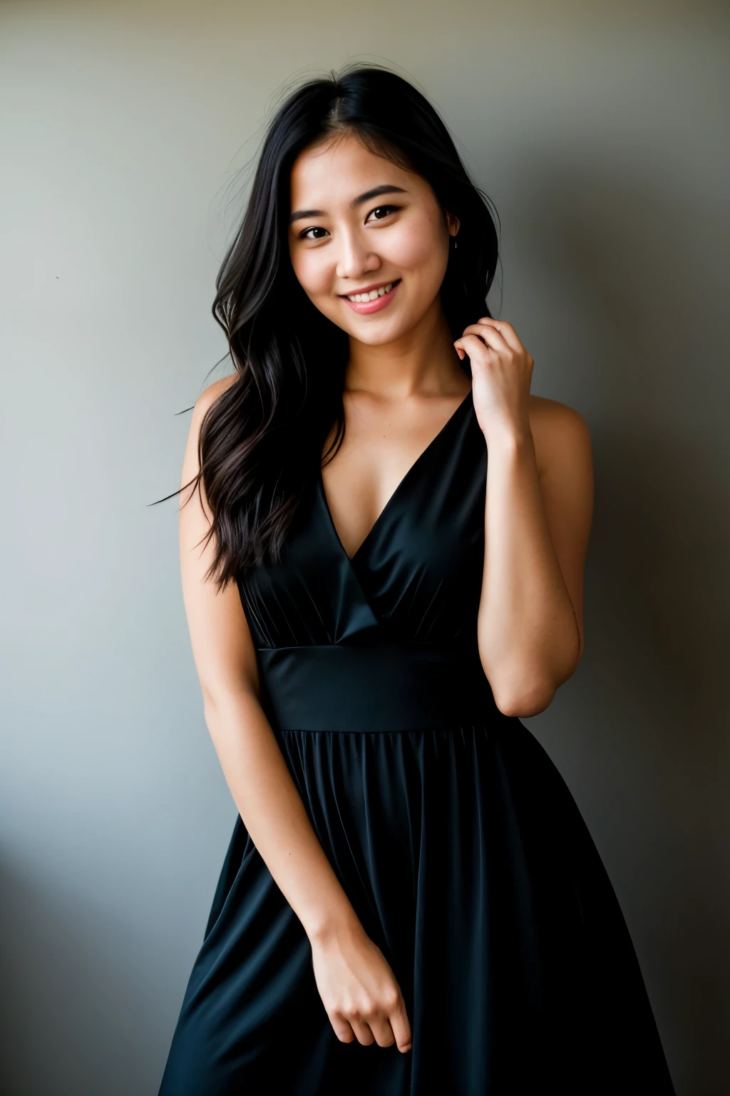 RAW photo, face portrait photo of beautiful 26 y.o woman, cute face, wearing black dress, happy face, hard shadows, cinematic shot, dramatic lighting