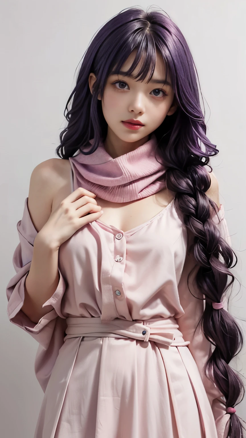 1 6 year old girl，Elementary school student wearing a red scarf，child，Cute little girl skin color，Purple hair big breasts、purple hair、long hair、single strand thick braid、purple eyes，Cute pink lips，wearing a bright shirt，in a pastel color palette aurorapunk style，Anime illustration of her face，Animated GIFs，Finger animation，Fascinating sketches，Smooth and shiny，Hazy，super blanket style，White background - AR 1:1--Niji 5--Stylistic expression--S 50，solid color background，No makeup，Super cute face without makeup