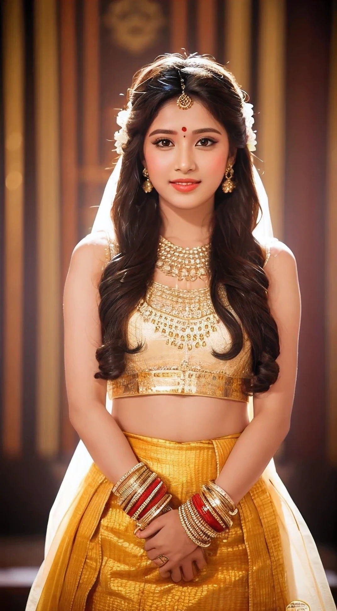 beautiful Indian girl wearing traditional attire with a great figure and background in wedding with dema lighting