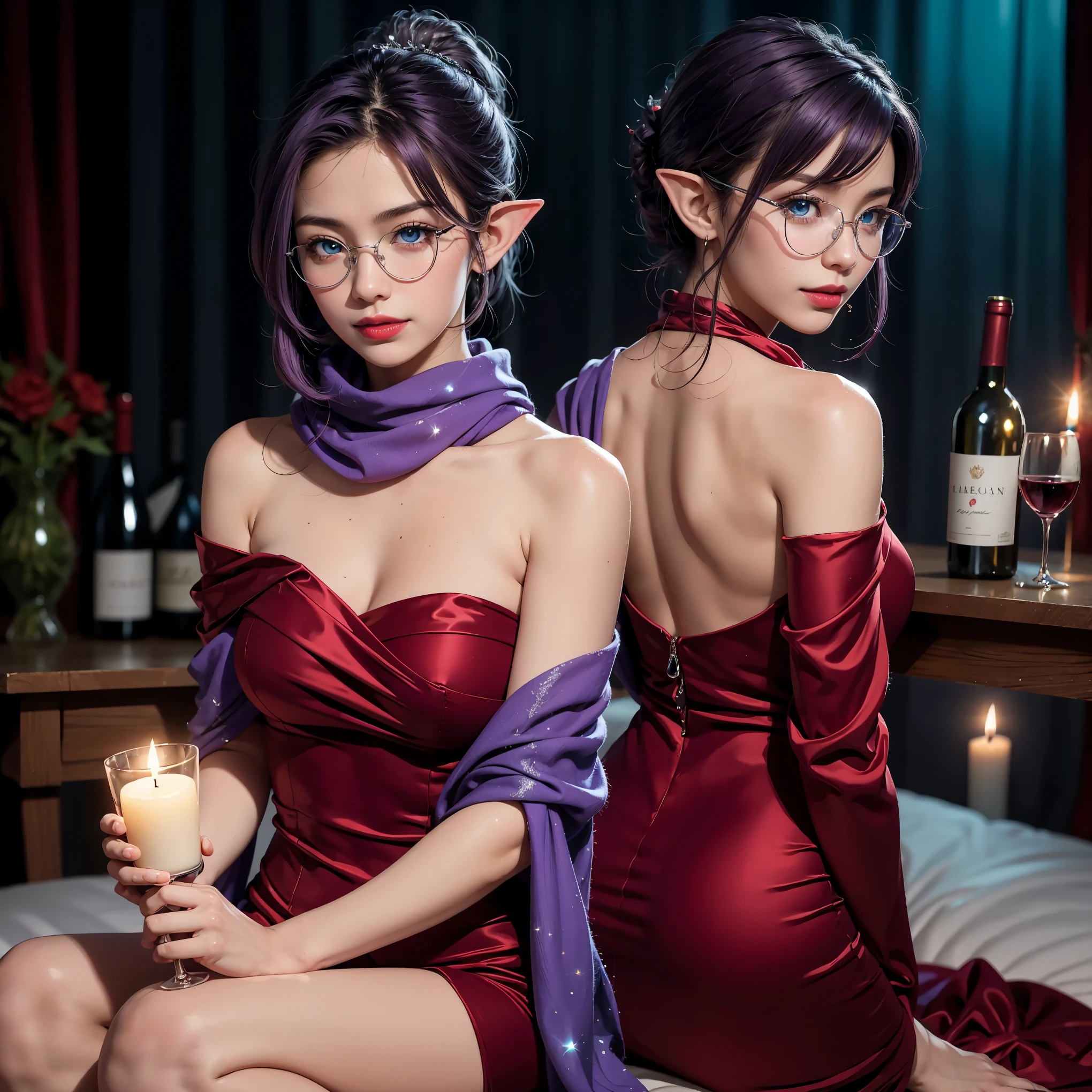 (perfect anatomy), (ultra-detailed comic book style), asian, japanese, (elf woman prominent asian features very short purple hair tied back as ponytail),(detailed skin, Ultra-detailed), cute smile,  features, wearing round glasses, blue eyes, ((sparkly silver shawl and wine red evening gown)), off shoulder, red lipstick, sitting, diamond hairclip, fancy bed, romantic lighting, dark room, candle lit, back facing viewer.