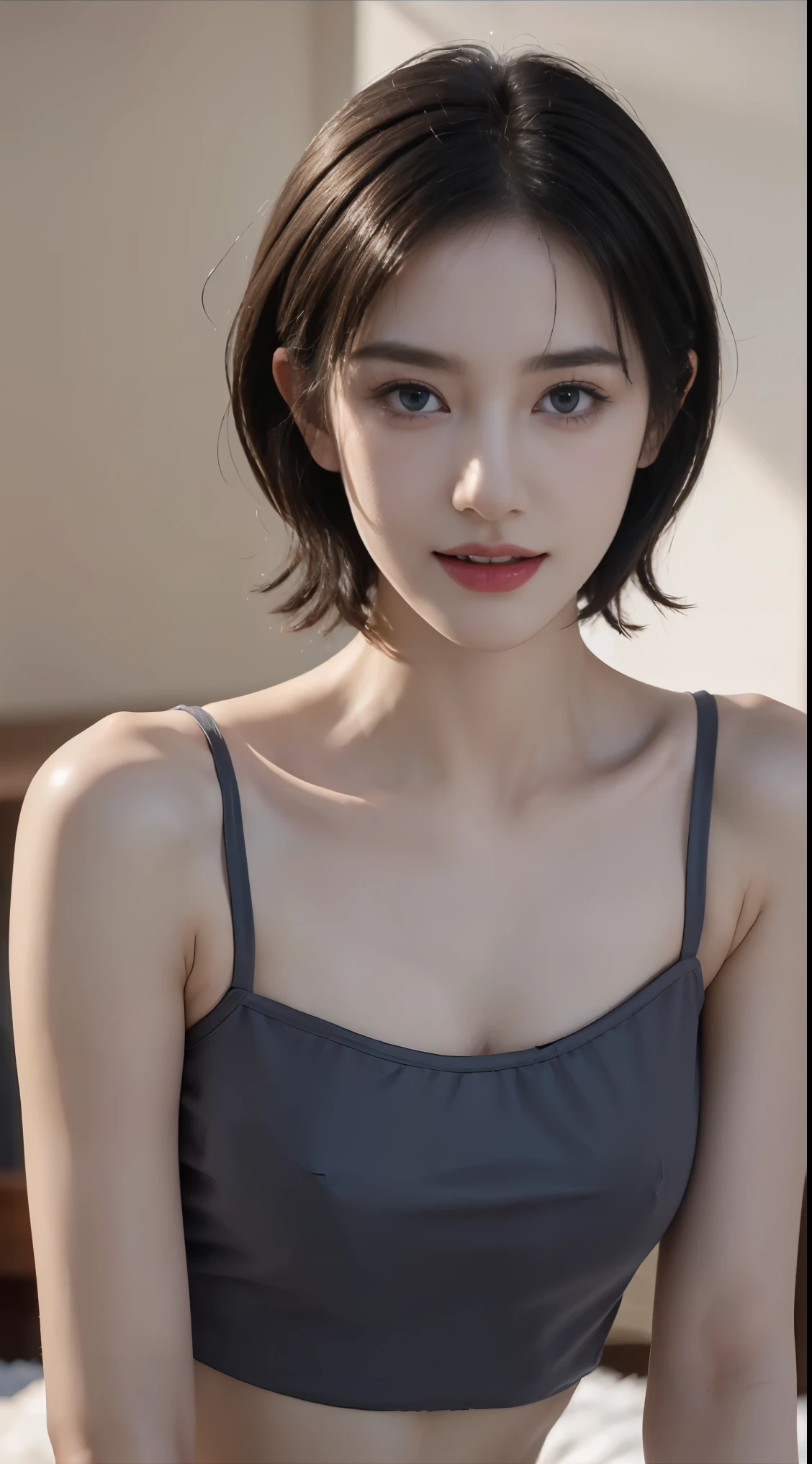 Portrait,คุณภาพhighสุด, detailsที่ซับซ้อน, detailsพิเศษ, ความละเอียดhighเป็นพิเศษ, Masterpiece, Random angle, thin, smile, (short hair),(black hair),(lip makeup: 0.4), (Fluffy blue eyes: 1.21), blue eyes,, ((full body)), 1 girl, alone, 1 girl, (( full body)), Close-up photo, lie down , , ((high)), (((fit the body))), (((Slender face))), Sharp face, Sharp eyes, (((black hair, short hair, )) (detailsed face), Sharp face, Small lips, thin mouth,
(( crop top )), detailsed face, detailsed breast, , เต้านมbig, details, , สาวสวยที่มีหน้าท้องเพรียวthinอย่างน่าทึ่ง.: 1.4, Six-pack abs: 1.4, Chest Botox, big, perfect body, details leg, (( moonlight)), peak