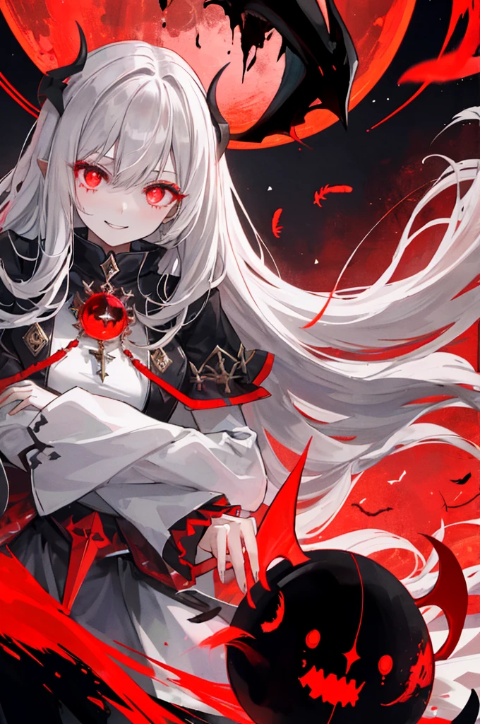1 girl, (scary), Angel, Gorchos, (red aura), dark, glowing eyes, red eyes, Angel wings, Luminous pendant, holy, Sensual, Black tunic, feather, confident, Smile, expressive eyes, round eyes, Compared, shadow, masterpiece, The art of math, glowing eyes, intimidating, damaged, satanic, red moon, Abstract, Feelings