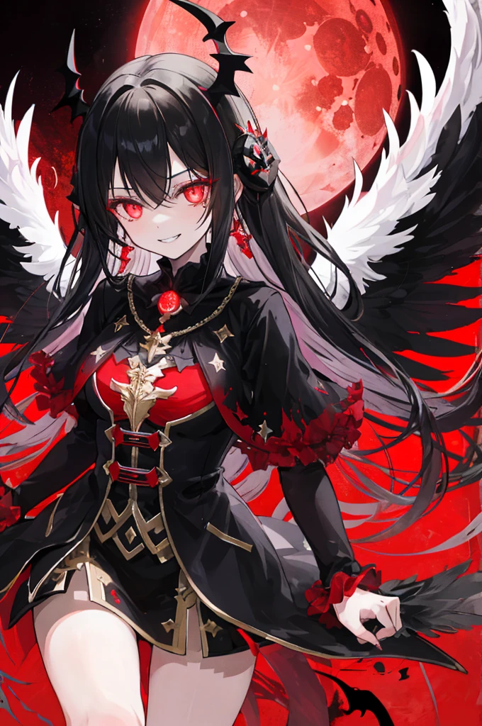 1 girl, (scary), Angel, Gorchos, (red aura), dark, glowing eyes, red eyes, Angel wings, Luminous pendant, holy, Sensual, Black tunic, feather, confident, Smile, expressive eyes, round eyes, Compared, shadow, masterpiece, The art of math, glowing eyes, intimidating, damaged, satanic, red moon, Abstract, Feelings