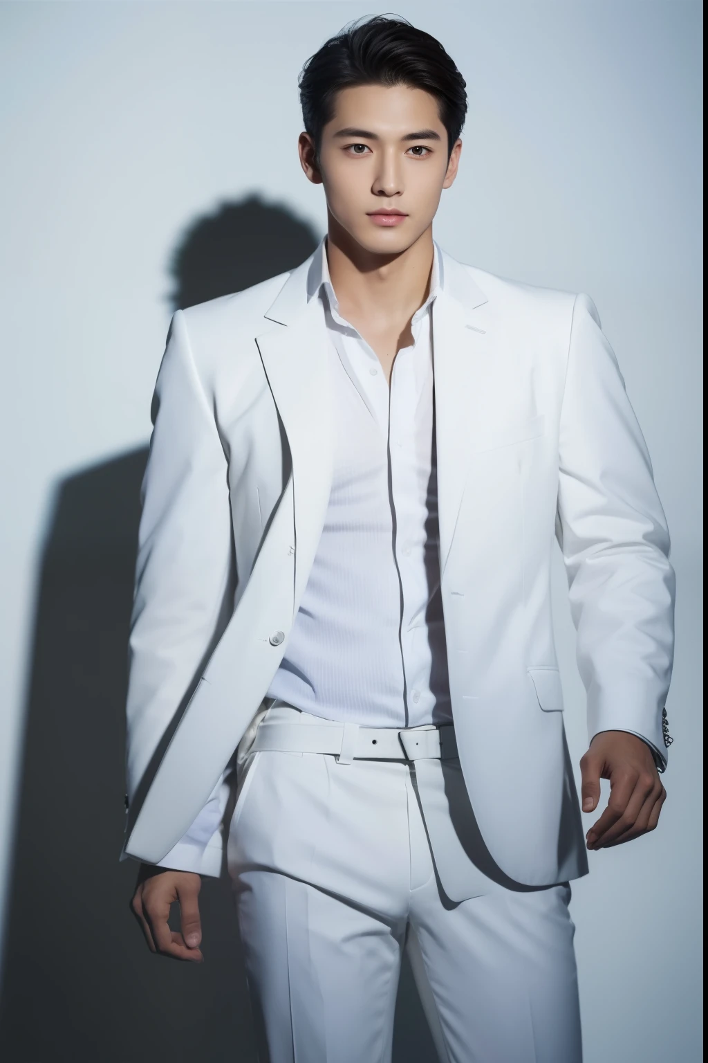 Create realistic images, High resolution photo with a handsome Korean guy, Heterochromatic eye, He was wearing a loose white shirt and white jeans...,nice skin,half body portrait,Open it up...,short light brown hair.,strong
