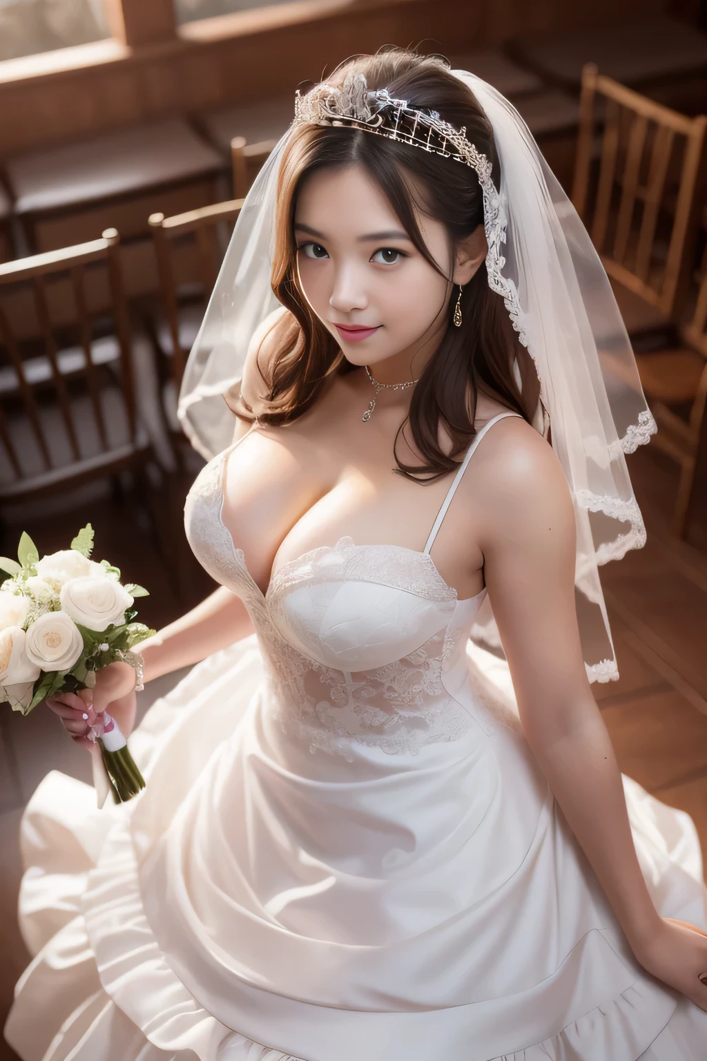 (highest quality, masterpiece:1.2), (realistic:1.3), (ultra-detailed background, detailed background), Bokeh, sexy cleavage, ruffle dress, See-through dress with lace trim, bridal tiara, gorgeous pink wedding dress, Luxury Wedding Dresses, Classic wedding dresses, bridal veil, bridal gauntlet, bridal cascade bouquet, Upper body, wedding in church, From above, The skirt is round and wide, 1 girl, cute, age, take a pose, smile, dynamic angle, dynamic pose, very long hair