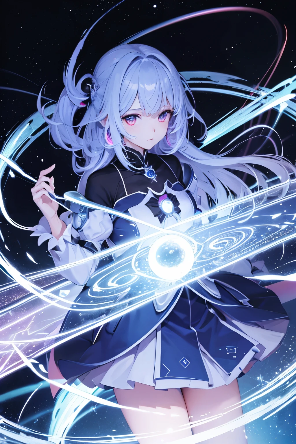 best quality, 32k, RAW photo, cute magical girl who can control darkness, control light, control water, control fire, control earth, and control wind, incredibly absurdres, extremely detailed, delicate texture, delicate, flashy and dynamic depiction, BREAK , kaleidoscope, huge magic circle, pale full moon, static electricity, electric discharge, geometric pattern, irregularity, mysterious, sign of something happening, wide space at night, night sky, colorful, digital, art, BREAK , background galaxy, rainbow colors neon line light, image processing with mysterious effects