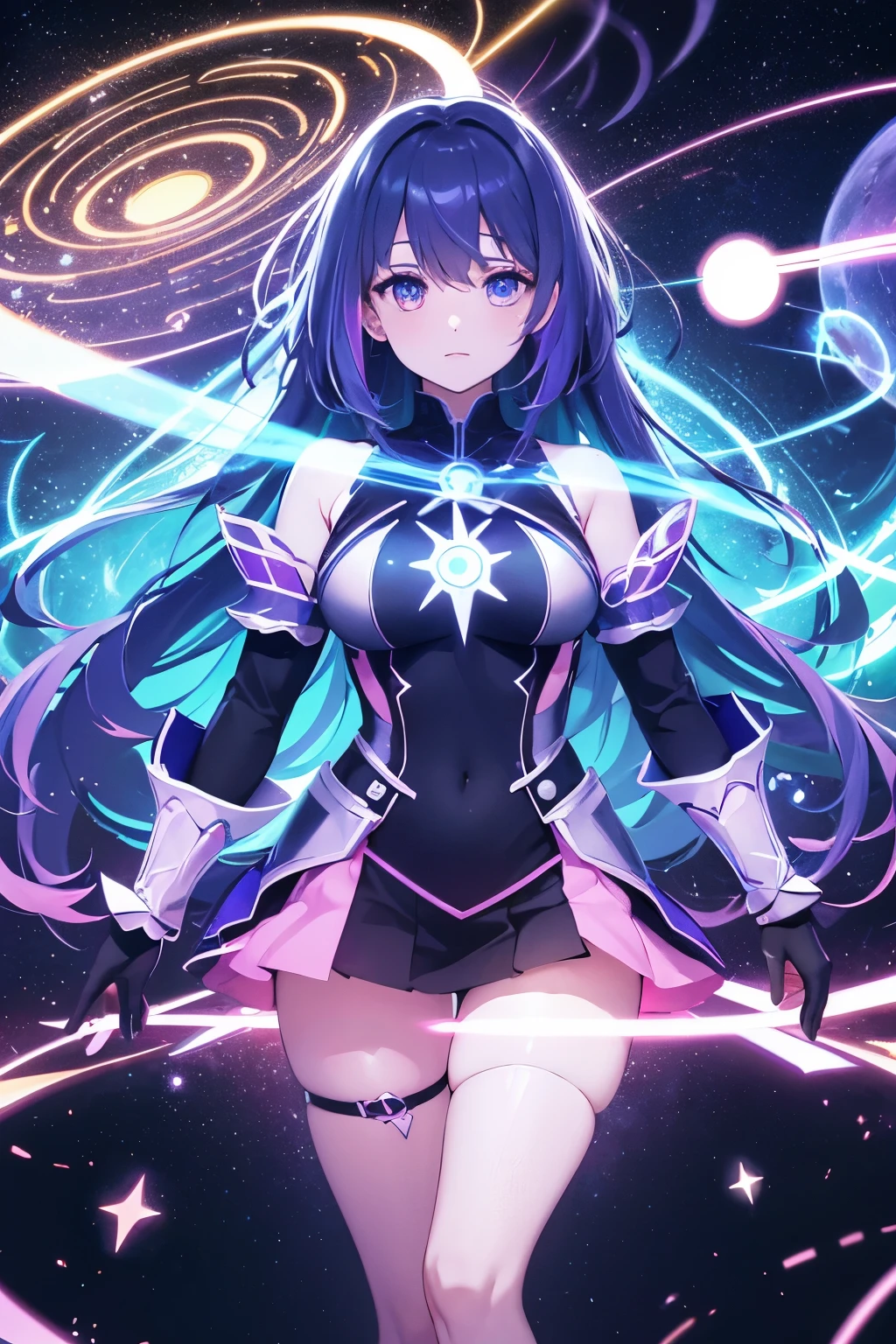 best quality, 32k, RAW photo, cute magical girl who can control darkness, control light, control water, control fire, control earth, and control wind, incredibly absurdres, extremely detailed, delicate texture, delicate, flashy and dynamic depiction, BREAK , kaleidoscope, huge magic circle, pale full moon, static electricity, electric discharge, geometric pattern, irregularity, mysterious, sign of something happening, wide space at night, night sky, colorful, digital, art, BREAK , background galaxy, rainbow colors neon line light, image processing with mysterious effects