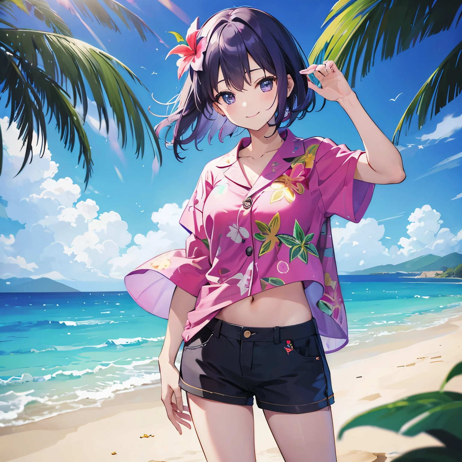 (T Masterpiece,4k wallpaper,best quality))、((girl1people))、(solo)、Brilliant,(purple hair)、(shortcut:1.3)、smile、(Aloha shirts:1.3)、beach
