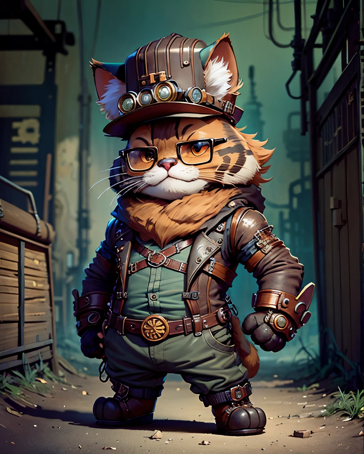 Cat wearing steampunk armor, wearing steampunk hat and round glasses, vintage machinery. chibi, standing. background steampunk city.